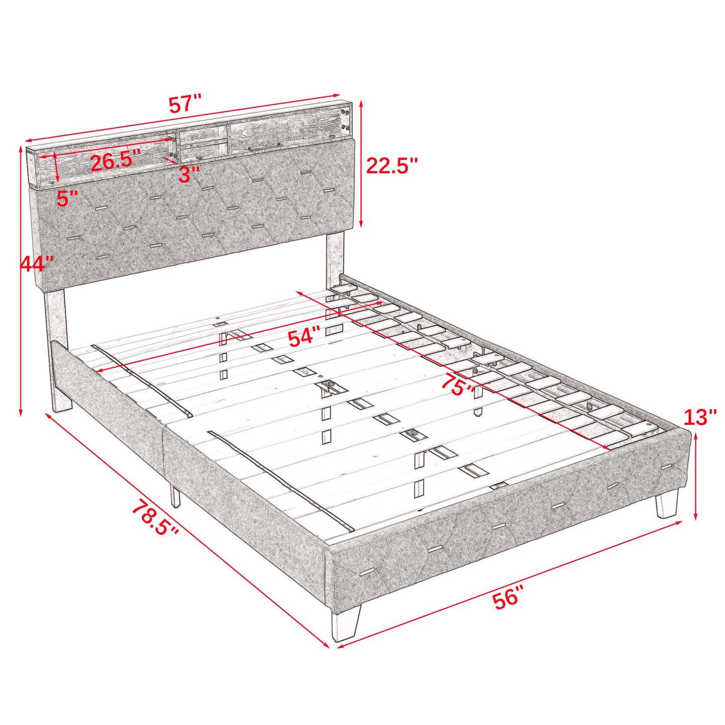 BED_FRAME | Full Size Bed Frame with Shelf Upholstered Headboard, Grey | casafoyer.myshopify.com