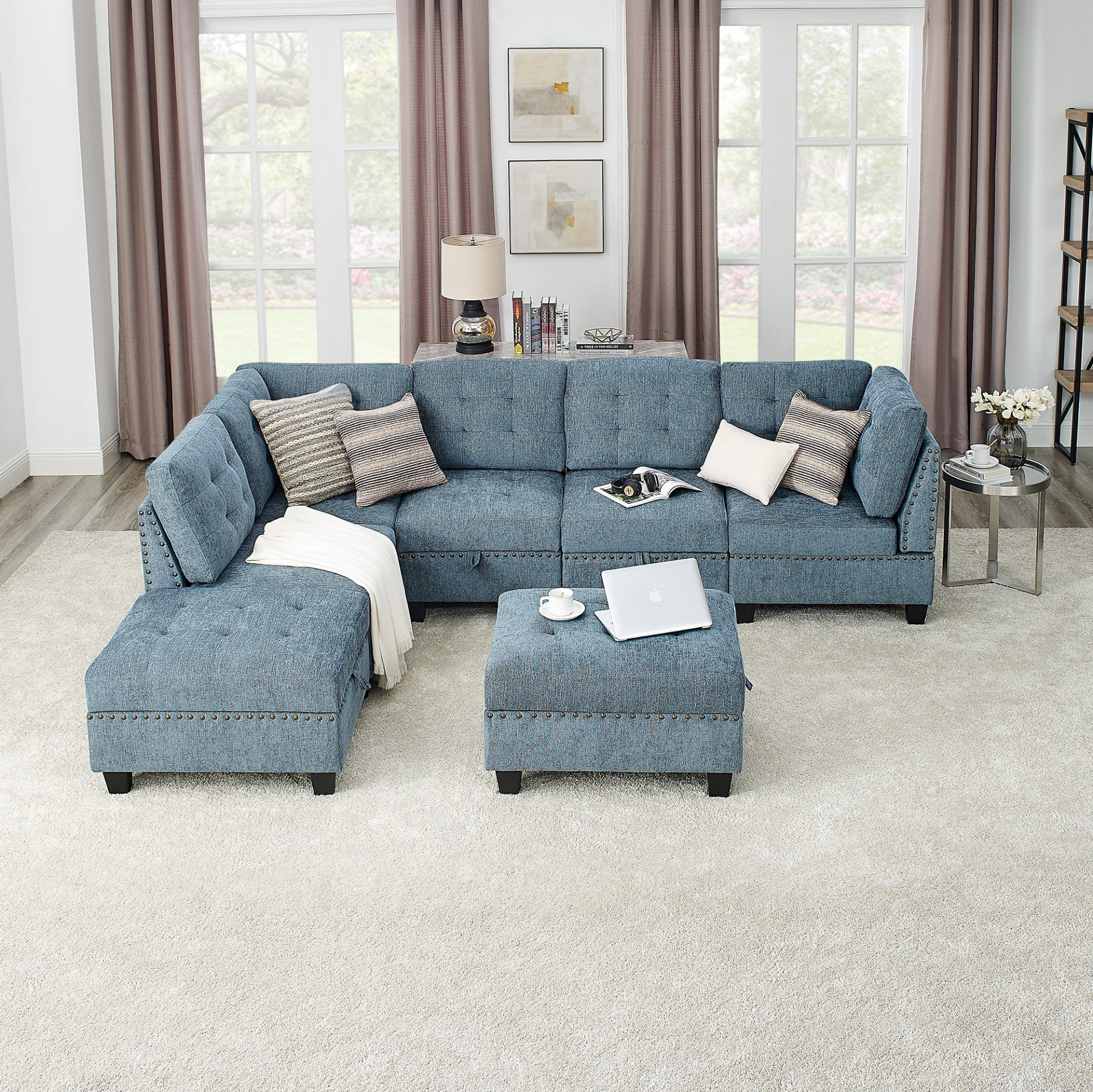 Sofa & Chair sets | L shape Modular Sectional Sofa,DIY Combination,includes Three Single Chair ,Two Corner and Two Ottoman,Navy Blue | casafoyer.myshopify.com