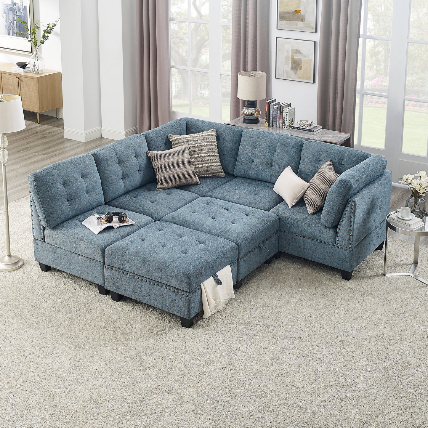 Sofa & Chair sets | L shape Modular Sectional Sofa,DIY Combination,includes Three Single Chair ,Two Corner and Two Ottoman,Navy Blue | casafoyer.myshopify.com