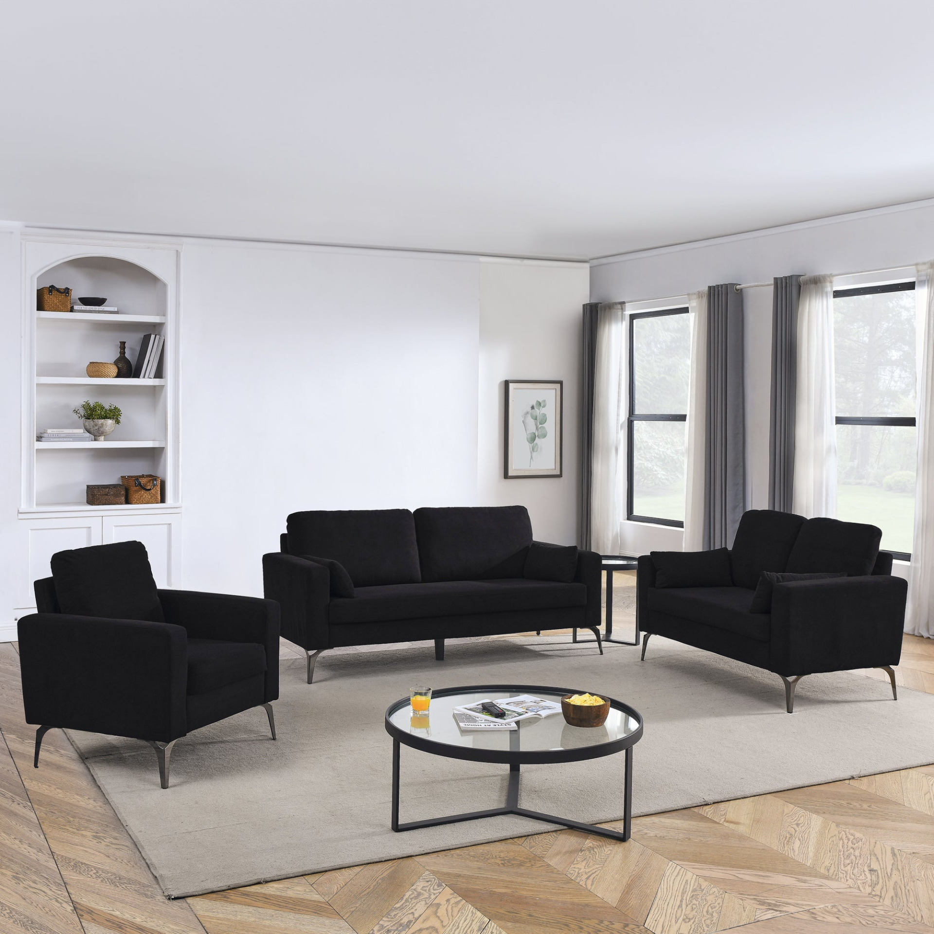 Sofa & Chair sets | 3 Piece Living Room Sofa Set, including 3-Seater Sofa, Loveseat and Sofa Chair, with Two Small Pillows, Corduroy Black | casafoyer.myshopify.com