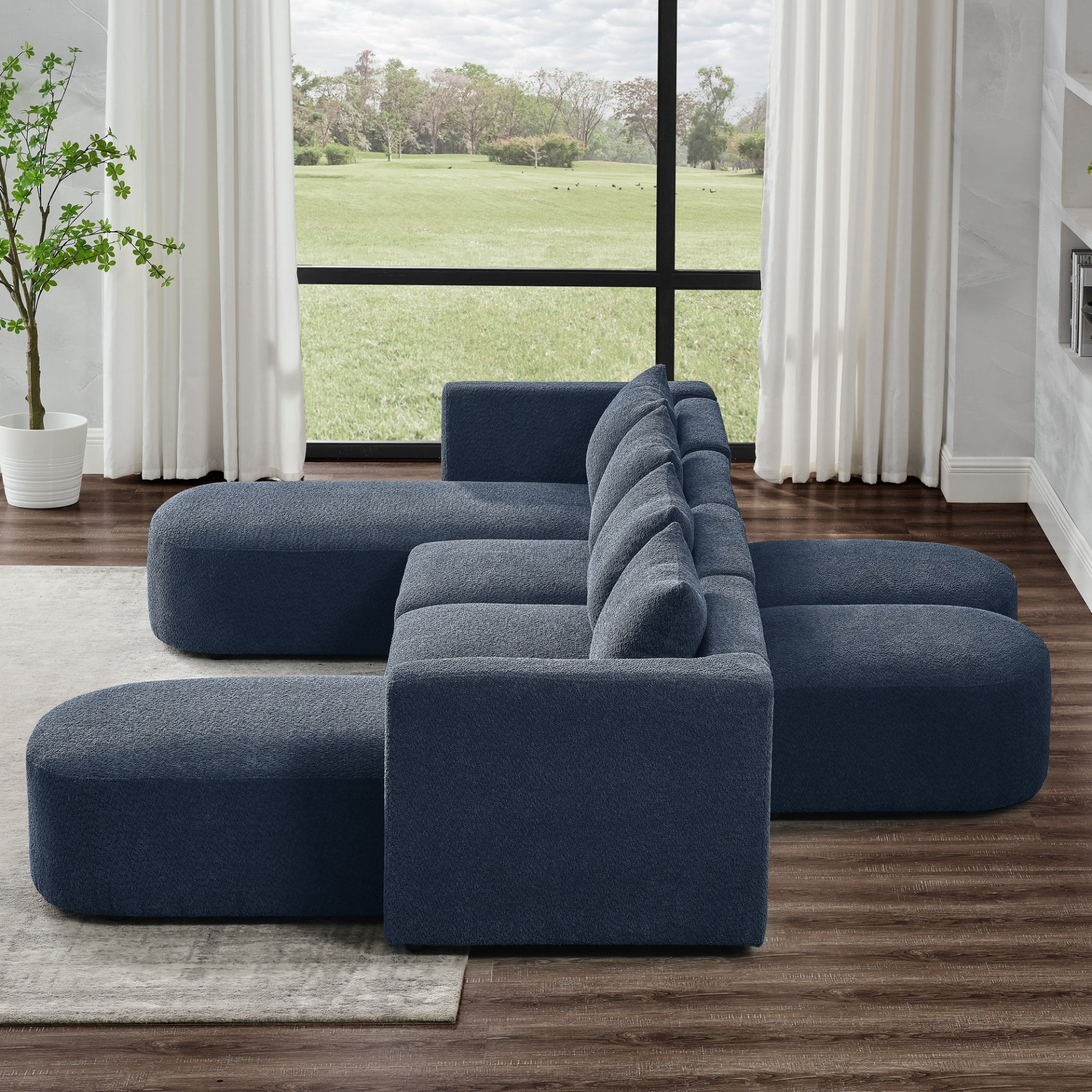 Sofa & Chair sets | U Shape Sectional Sofa including Two Single Seat, Two Chaises and Two Ottomans, Modular Sofa, DIY Combination, Loop Yarn Fabric, Navy | casafoyer.myshopify.com