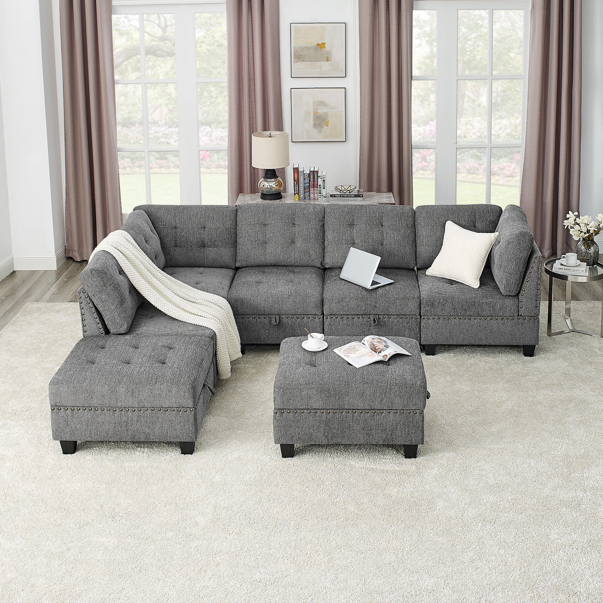 Sofa & Chair sets | L shape Modular Sectional Sofa,DIY Combination,includes Three Single Chair ,Two Corner and Two Ottoman,Grey Chenille | casafoyer.myshopify.com