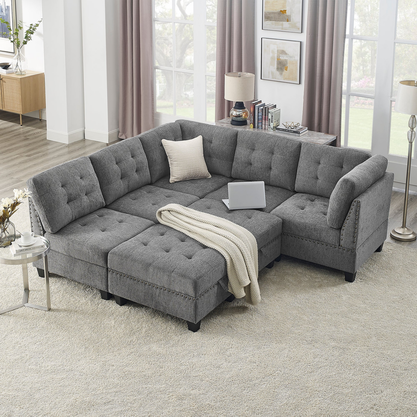 Sofa & Chair sets | L shape Modular Sectional Sofa,DIY Combination,includes Three Single Chair ,Two Corner and Two Ottoman,Grey Chenille | casafoyer.myshopify.com