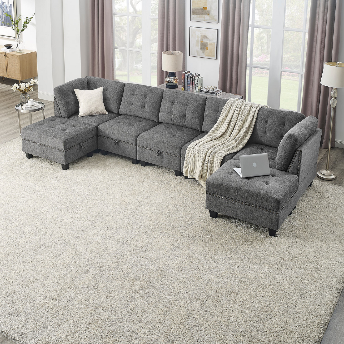 Sofa & Chair sets | L shape Modular Sectional Sofa,DIY Combination,includes Three Single Chair ,Two Corner and Two Ottoman,Grey Chenille | casafoyer.myshopify.com