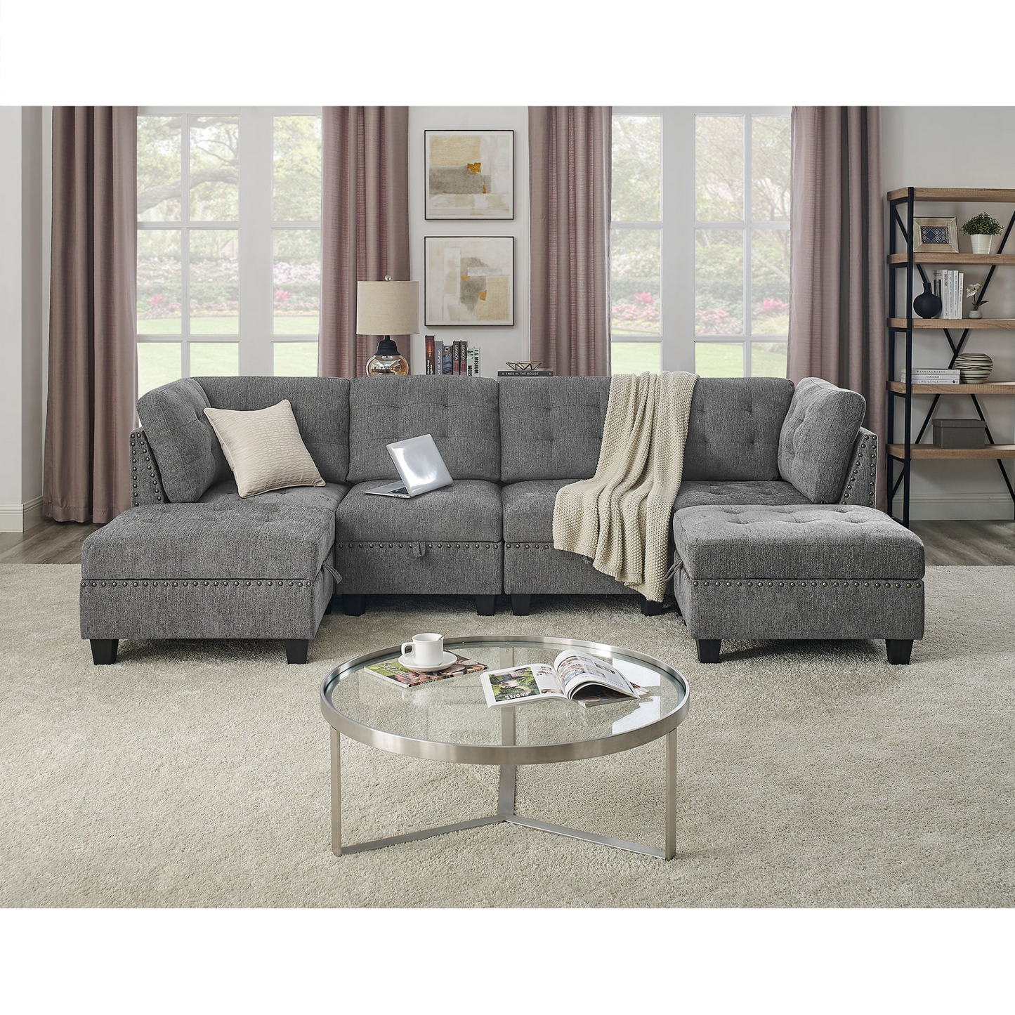 Sofa & Chair sets | U shape Modular Sectional Sofa,DIY Combination,includes Two Single Chair ,Two Corner and Two Ottoman,Grey Chenille | casafoyer.myshopify.com