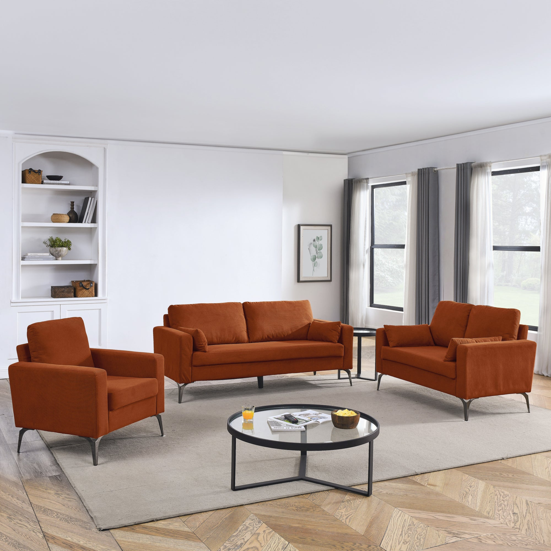 Sofa & Chair sets | 3 Piece Living Room Sofa Set, including 3-Seater Sofa, Loveseat and Sofa Chair, with Two Small Pillows, Corduroy Orange | casafoyer.myshopify.com