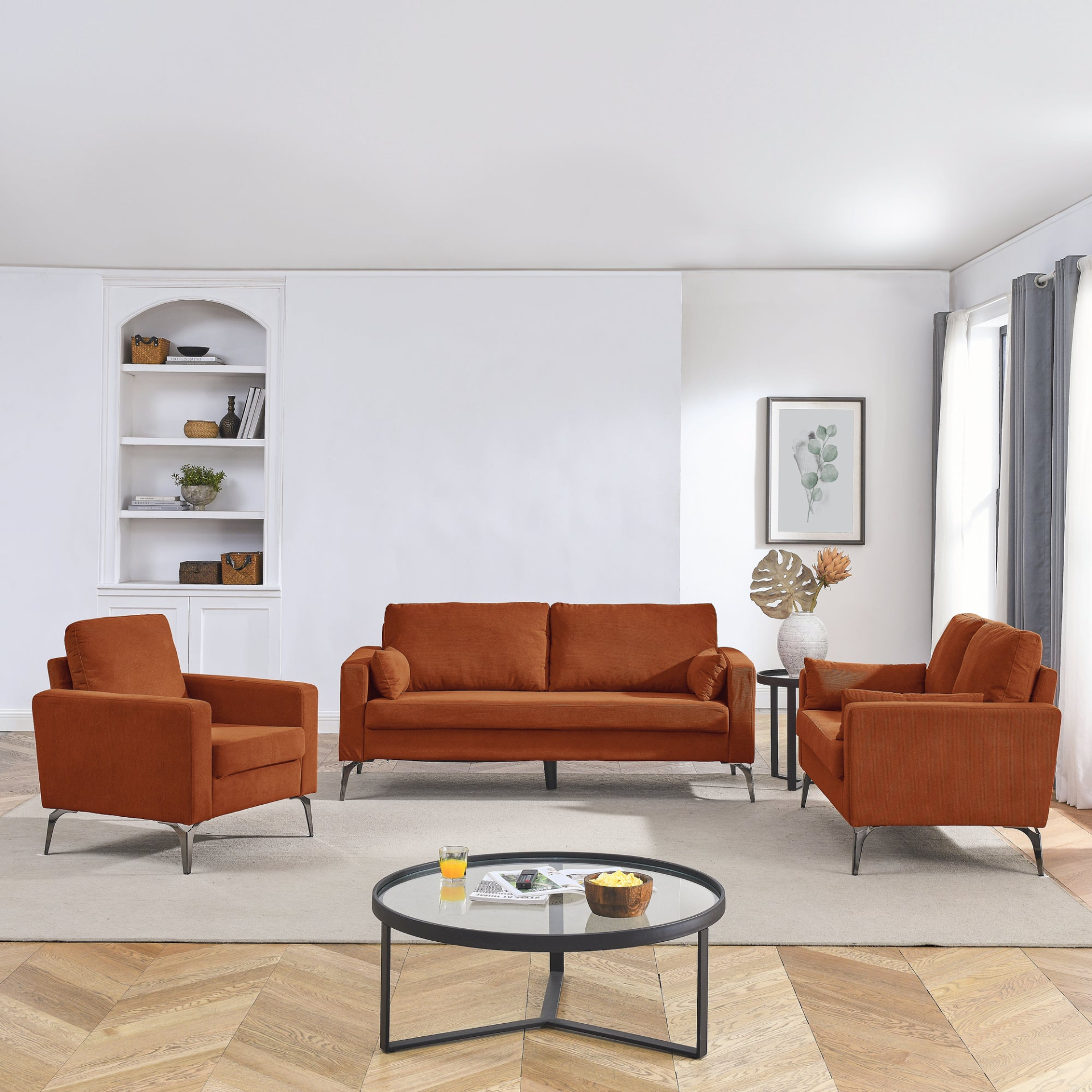 Sofa & Chair sets | 3 Piece Living Room Sofa Set, including 3-Seater Sofa, Loveseat and Sofa Chair, with Two Small Pillows, Corduroy Orange | casafoyer.myshopify.com