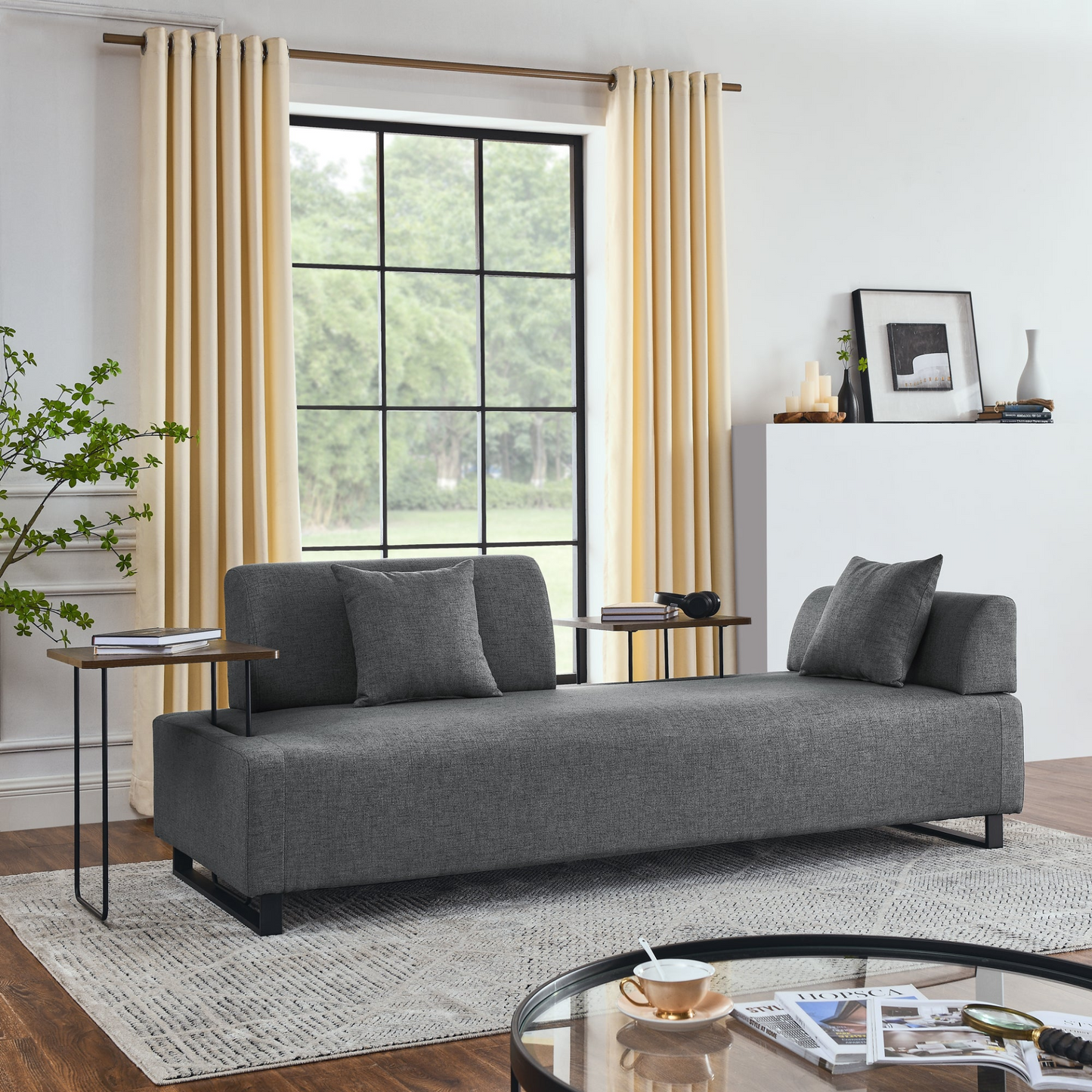 Sofa & Chair sets | Linen Fabric 3 Seat Sofa with Two End Tables and Two Pillows, Removable Back and Armrest, Morden Style Upholstered 3-Seat Couch for Living Room | casafoyer.myshopify.com