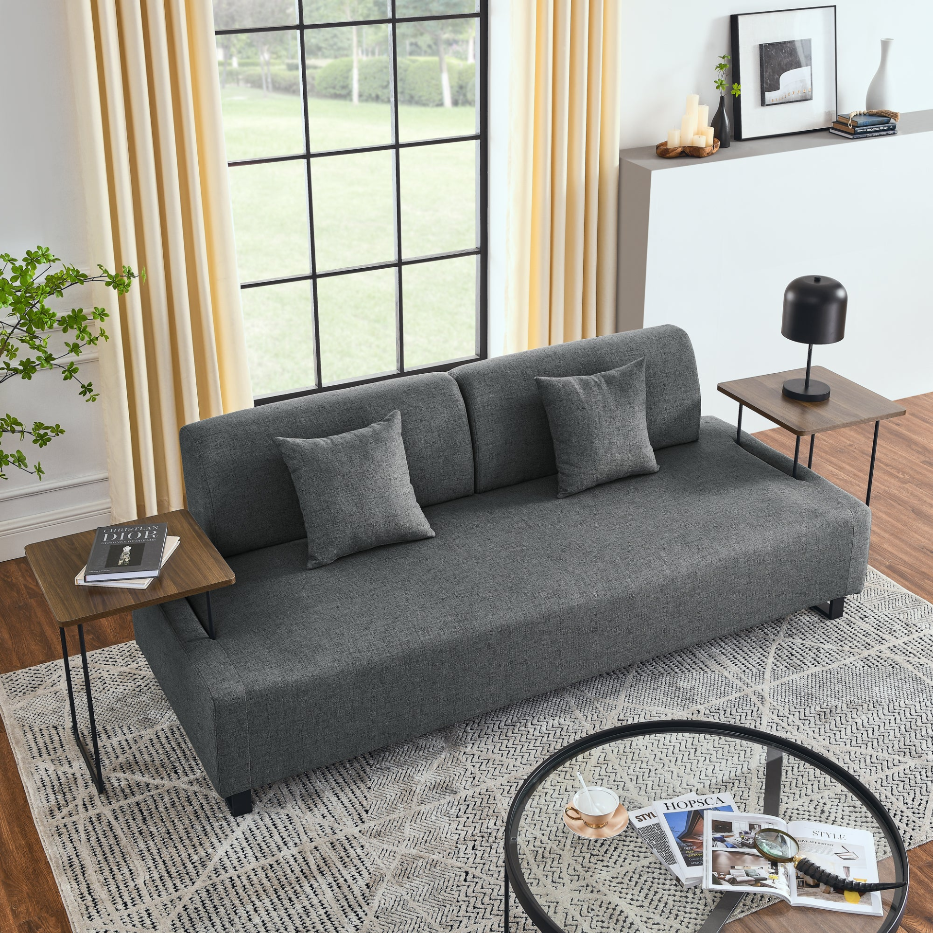 Sofa & Chair sets | Linen Fabric 3 Seat Sofa with Two End Tables and Two Pillows, Removable Back and Armrest, Morden Style Upholstered 3-Seat Couch for Living Room | casafoyer.myshopify.com