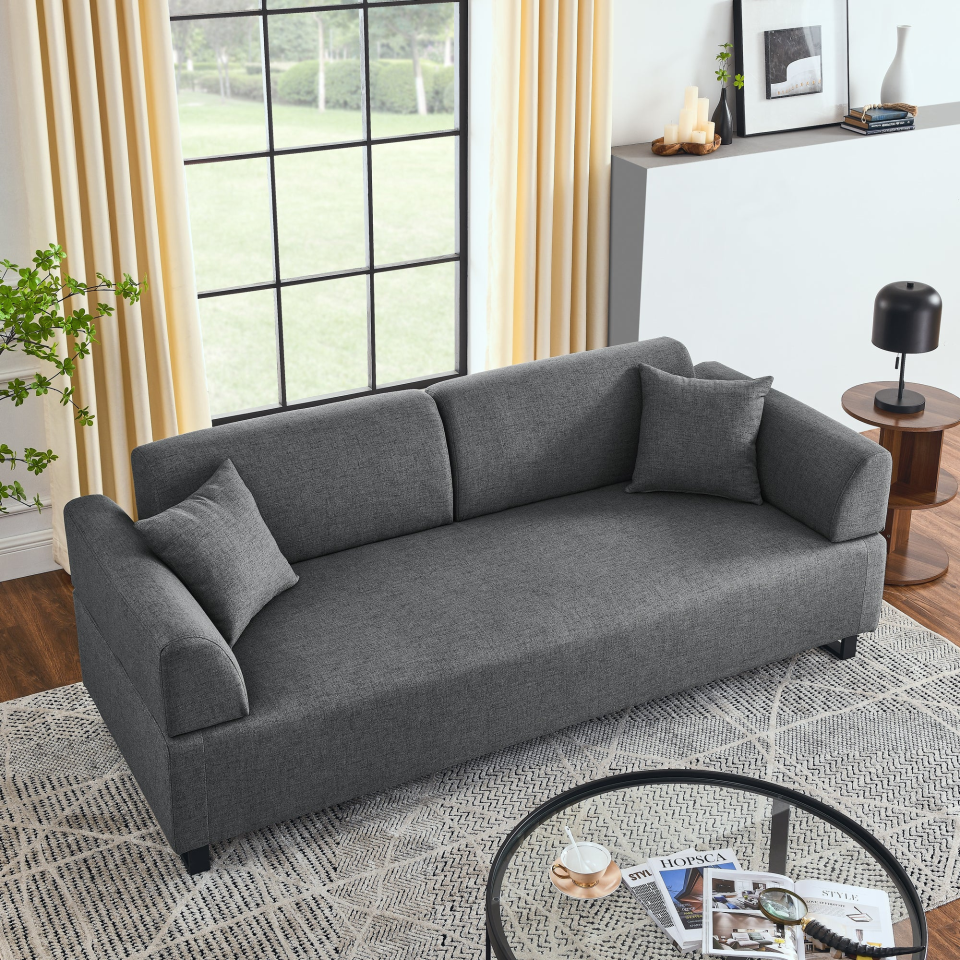 Sofa & Chair sets | Linen Fabric 3 Seat Sofa with Two End Tables and Two Pillows, Removable Back and Armrest, Morden Style Upholstered 3-Seat Couch for Living Room | casafoyer.myshopify.com