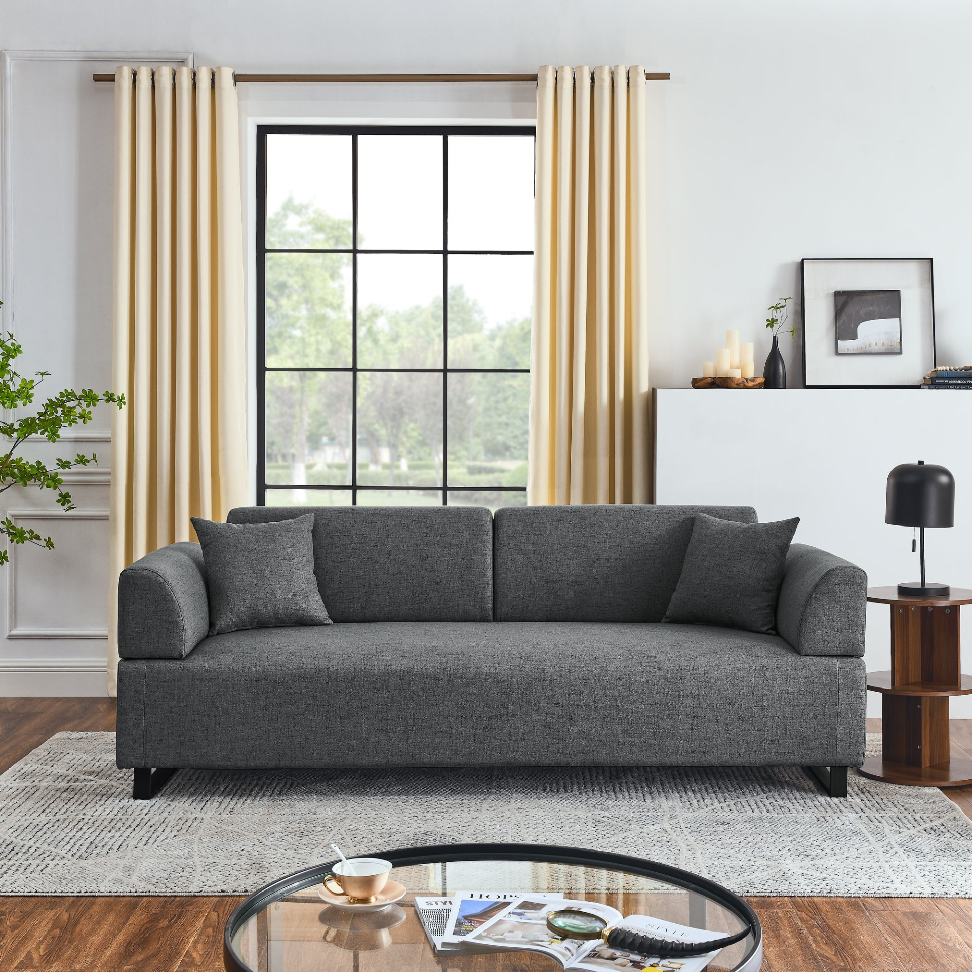 Sofa & Chair sets | Linen Fabric 3 Seat Sofa with Two End Tables and Two Pillows, Removable Back and Armrest, Morden Style Upholstered 3-Seat Couch for Living Room | casafoyer.myshopify.com