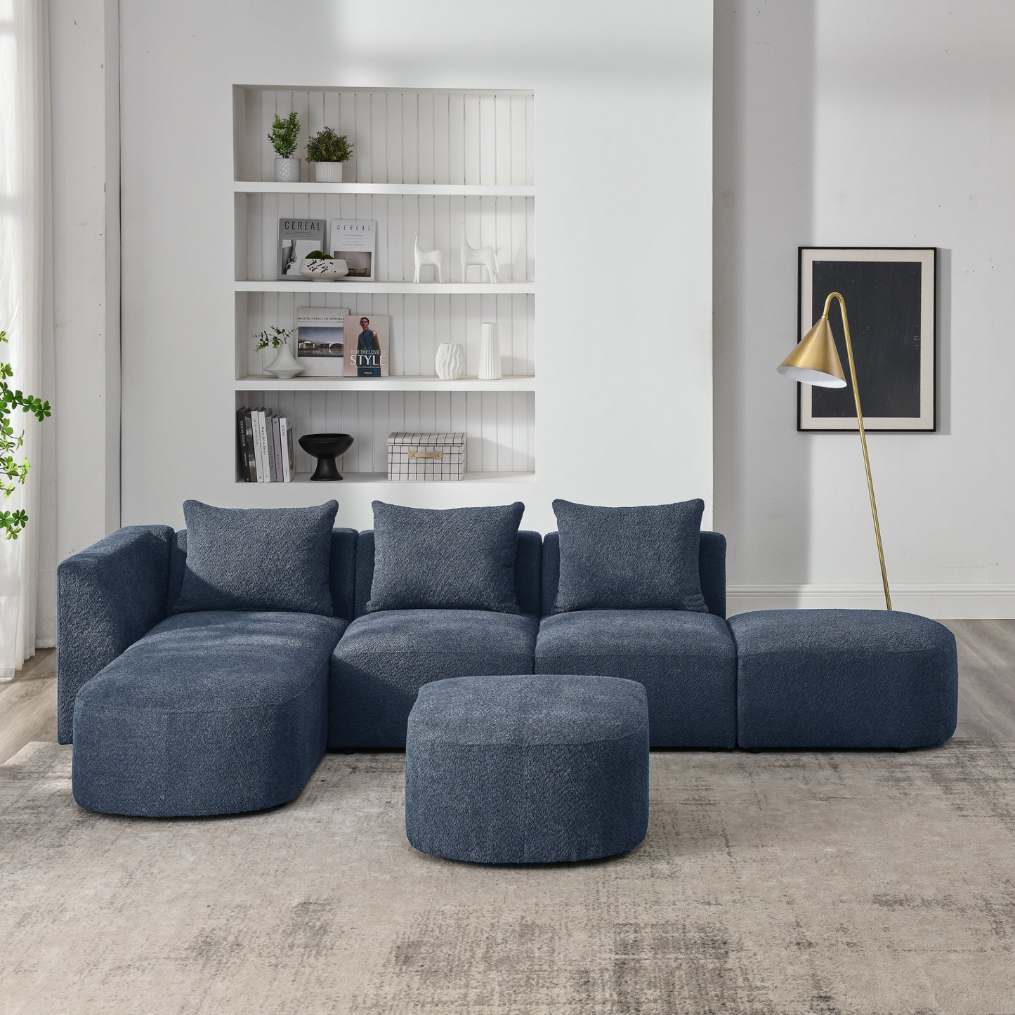 Sofa & Chair sets | L Shape Sectional Sofa including Two Single Seats, Left Side Chaise and Two Ottomans, Modular Sofa, DIY Combination, Loop Yarn Fabric, Navy | casafoyer.myshopify.com