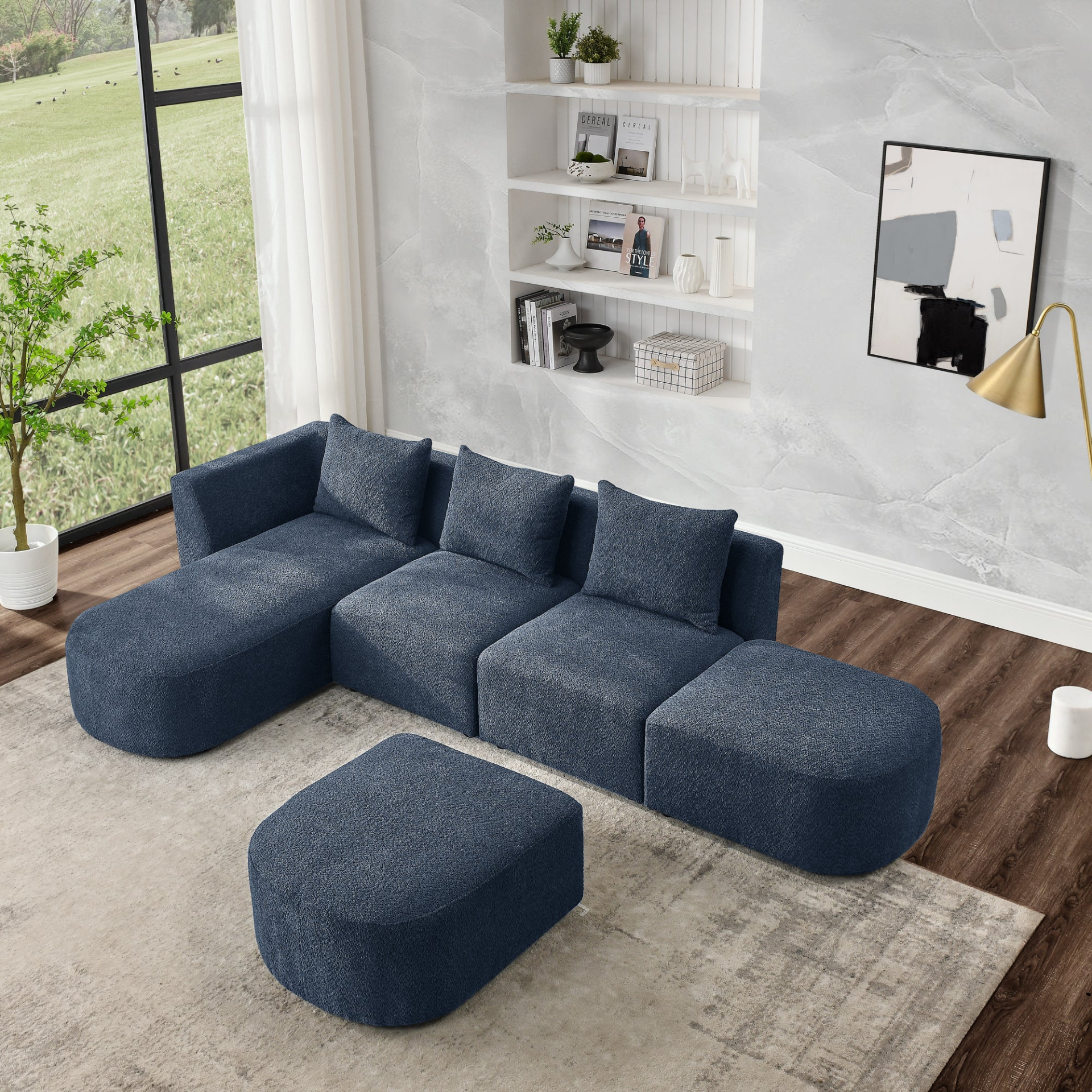 Sofa & Chair sets | L Shape Sectional Sofa including Two Single Seats, Left Side Chaise and Two Ottomans, Modular Sofa, DIY Combination, Loop Yarn Fabric, Navy | casafoyer.myshopify.com