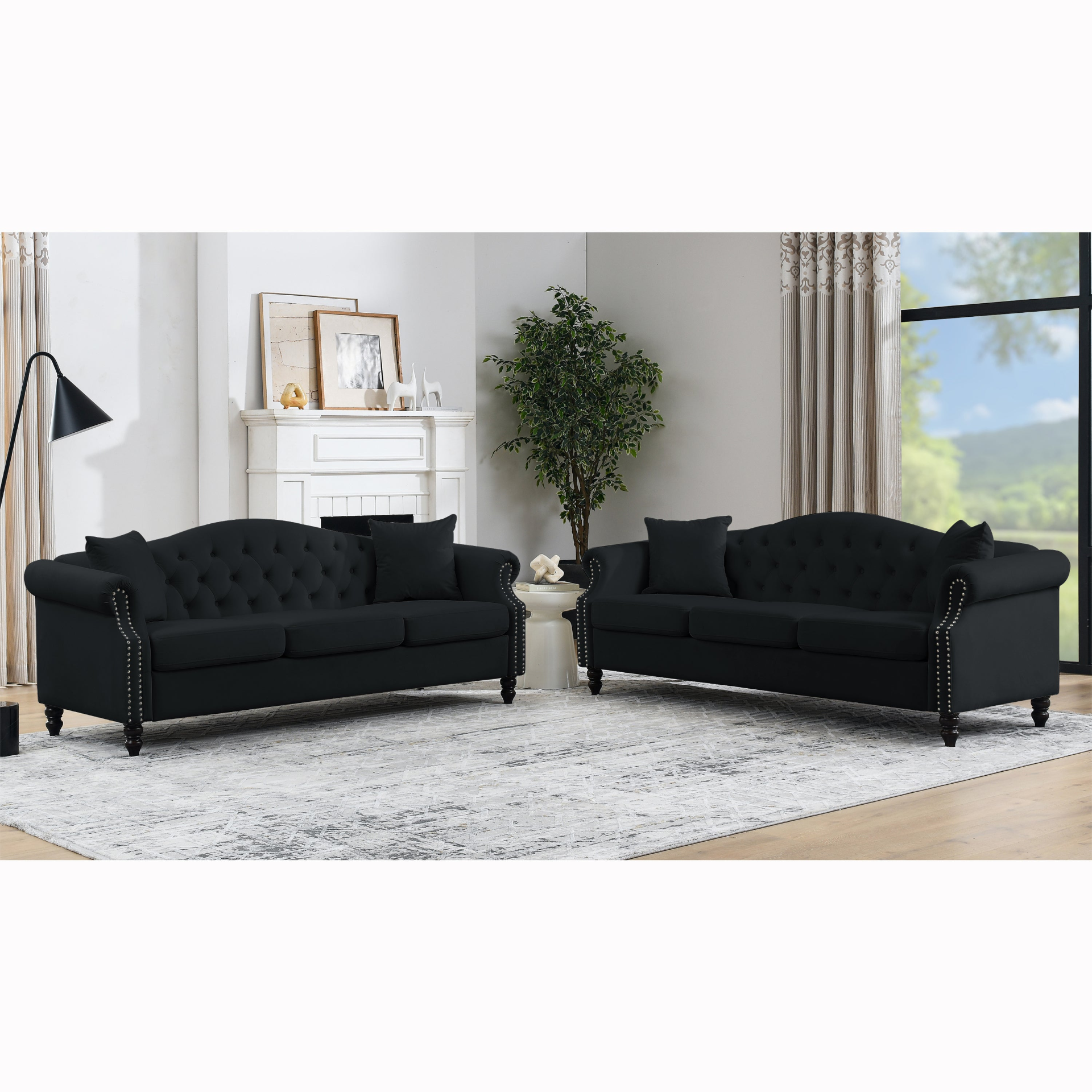 [product_type] | 79" Chesterfield Sofa Black Velvet for Living Room, 3 Seater Sofa Tufted Couch with Rolled Arms and Nailhead for Living Room, Bedroom, Office, Apartment, 3S+3S | casafoyer.myshopify.com