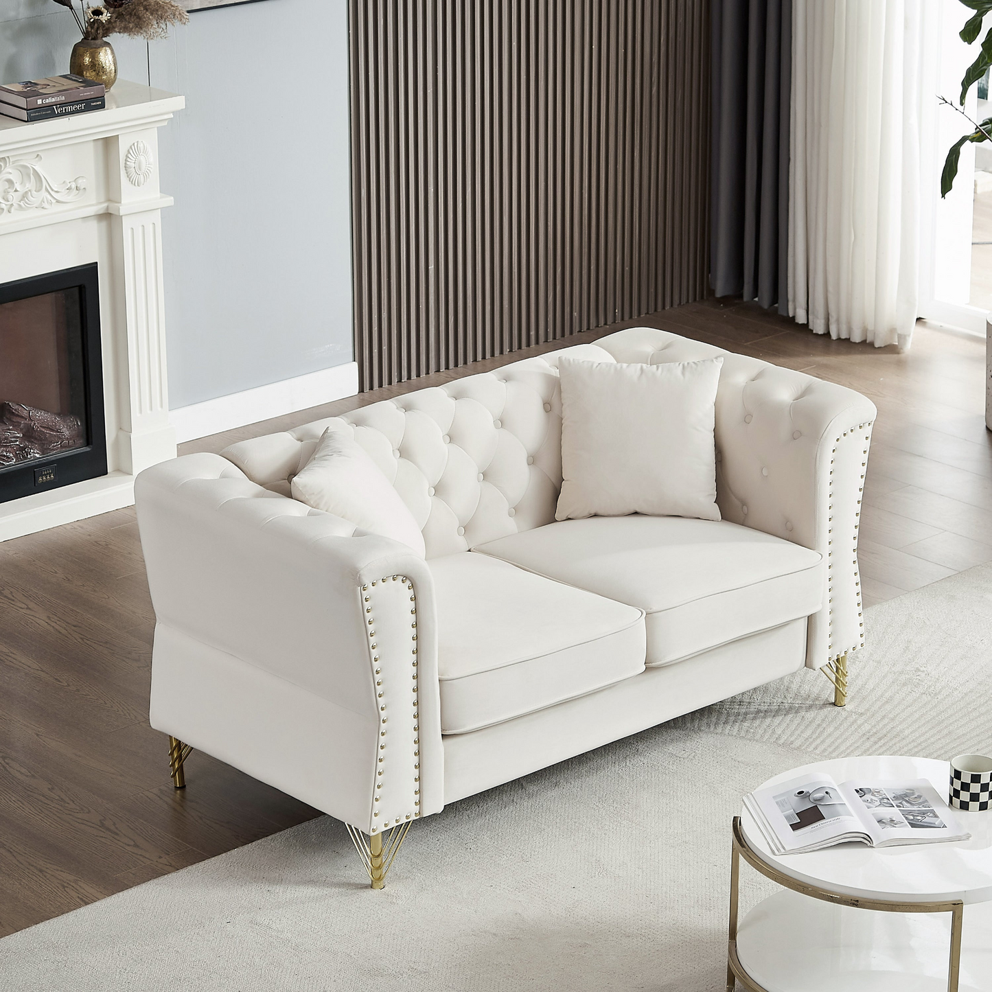 Sofa & Chair sets | Chesterfield Sofa Beige Velvet for Living Room, 2 Seater Sofa Tufted Couch with Metal Foot and Nailhead for Living Room, Bedroom, Office, Apartment, two pillows | casafoyer.myshopify.com