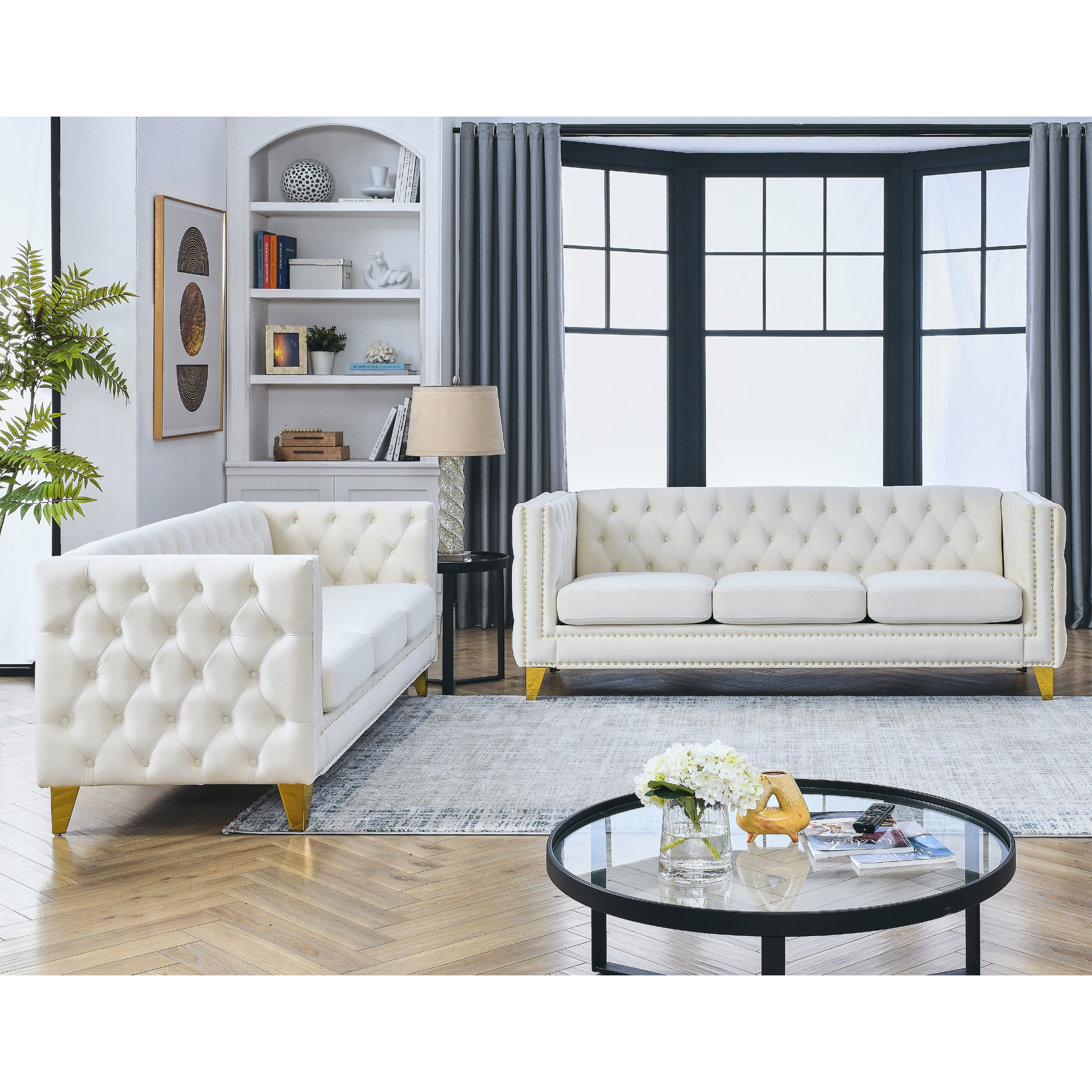 Sofa & Chair sets | {Contact us for 3D modeling} Velvet Sofa for Living Room,Buttons Tufted Square Arm Couch, Modern Couch Upholstered Button and Metal Legs, Sofa Couch for Bedroom, Beige Velvet ,2PCS | casafoyer.myshopify.com