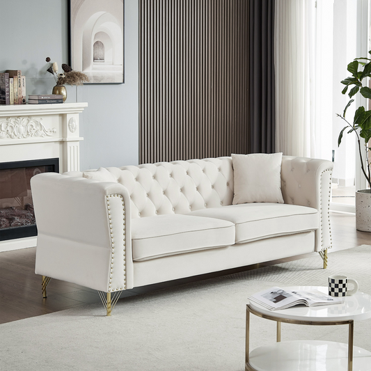 Sofa & Chair sets | Chesterfield Sofa Grey Velvet for Living Room, 3 Seater Sofa Tufted Couch with metal foot and Nailhead for Living Room, Bedroom, Office, Apartment, two pillows | casafoyer.myshopify.com