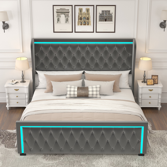 BED_FRAME | Queen Platform Bed Frame With High headboard, Velvet Upholstered Bed with Deep Tufted Buttons, Adjustable Colorful LED Light Decorative Headboard, Wide Wingbacks,GREY | casafoyer.myshopify.com