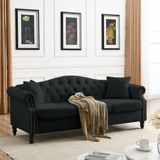 Sofa & Chair sets | Chesterfield Sofa Black Velvet for Living Room, 3 Seater Sofa Tufted Couch with Rolled Arms and Nailhead for Living Room, Bedroom, Office, Apartment, two pillows | casafoyer.myshopify.com