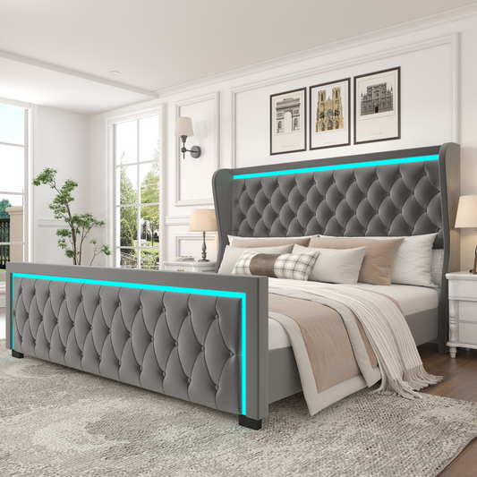 BED_FRAME | King Platform Bed Frame With High headboard, Velvet Upholstered Bed with Deep Tufted Buttons, Adjustable Colorful LED Light Decorative Headboard, Wide Wingbacks, GREY | casafoyer.myshopify.com