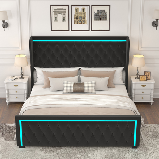 BED_FRAME | Queen Platform Bed Frame With High Headboard, Velvet Upholstered Bed with Deep Tufted Buttons, Adjustable LED Light Decorative Headboard, Wide Wingbacks - Black | casafoyer.myshopify.com