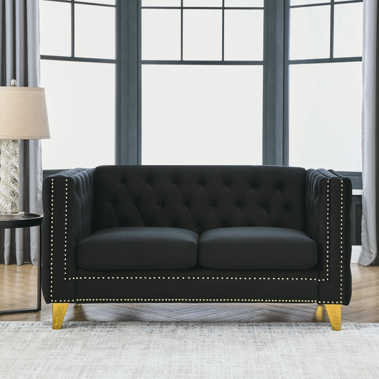 [product_type] | {Contact us for 3D modeling} Velvet Sofa for Living Room,Buttons Tufted Square Arm Couch, Modern Couch Upholstered Button and Metal Legs, Sofa Couch for Bedroom, Black Velvet-2S | casafoyer.myshopify.com