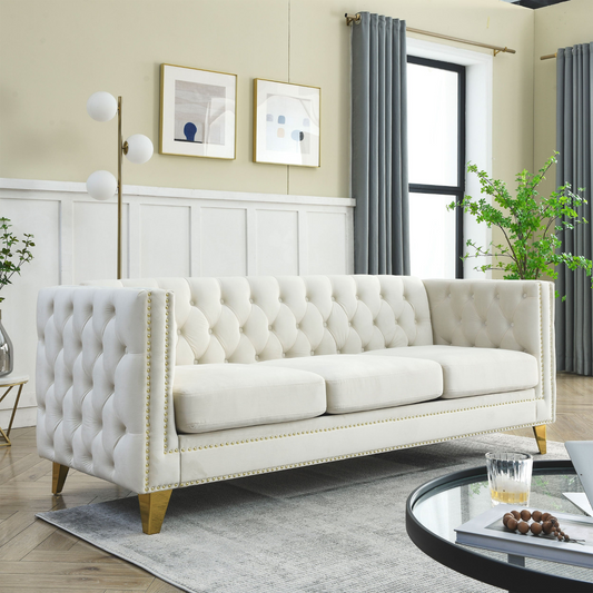 Sofa & Chair sets | {Contact us for 3D modeling} Velvet Sofa for Living Room,Buttons Tufted Square Arm Couch, Modern Couch Upholstered Button and Metal Legs, Sofa Couch for Bedroom, Beige Velvet | casafoyer.myshopify.com