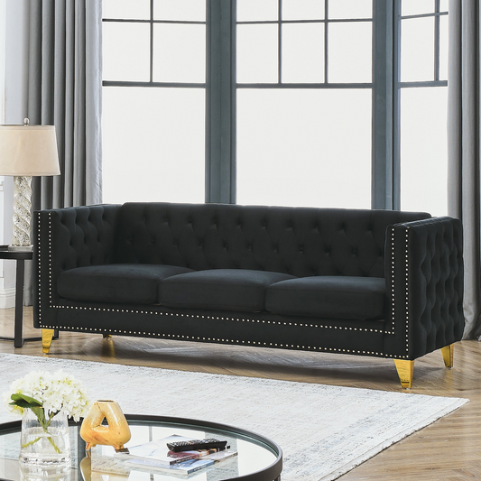 [product_type] | {Contact us for 3D modeling} Velvet Sofa for Living Room,Buttons Tufted Square Arm Couch, Modern Couch Upholstered Button and Metal Legs, Sofa Couch for Bedroom, Black Velvet | casafoyer.myshopify.com