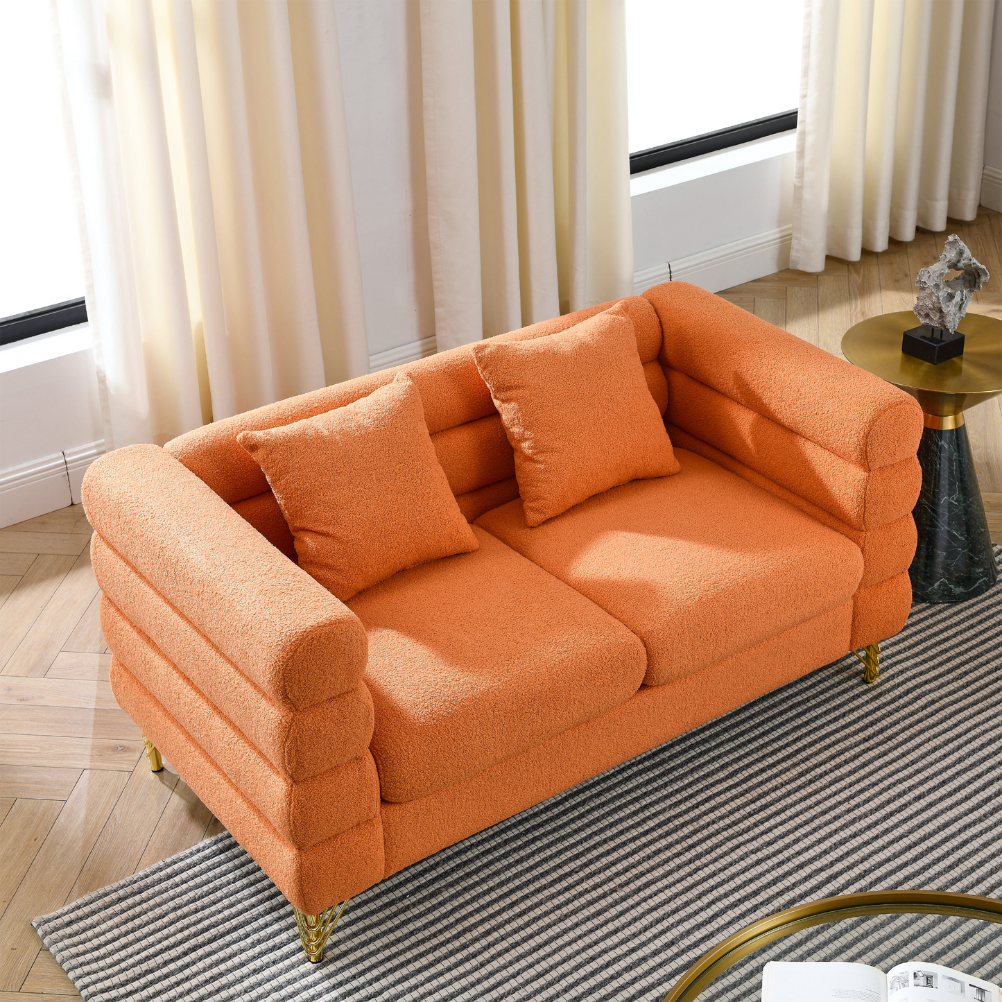 Sofa & Chair sets | 60Inch Oversized 2 Seater Sectional Sofa, Living Room Comfort Fabric Sectional Sofa-Deep Seating Sectional Sofa, Soft Sitting with 2 Pillows for Living Room,Bedroom,Office,Orange teddy | casafoyer.myshopify.com