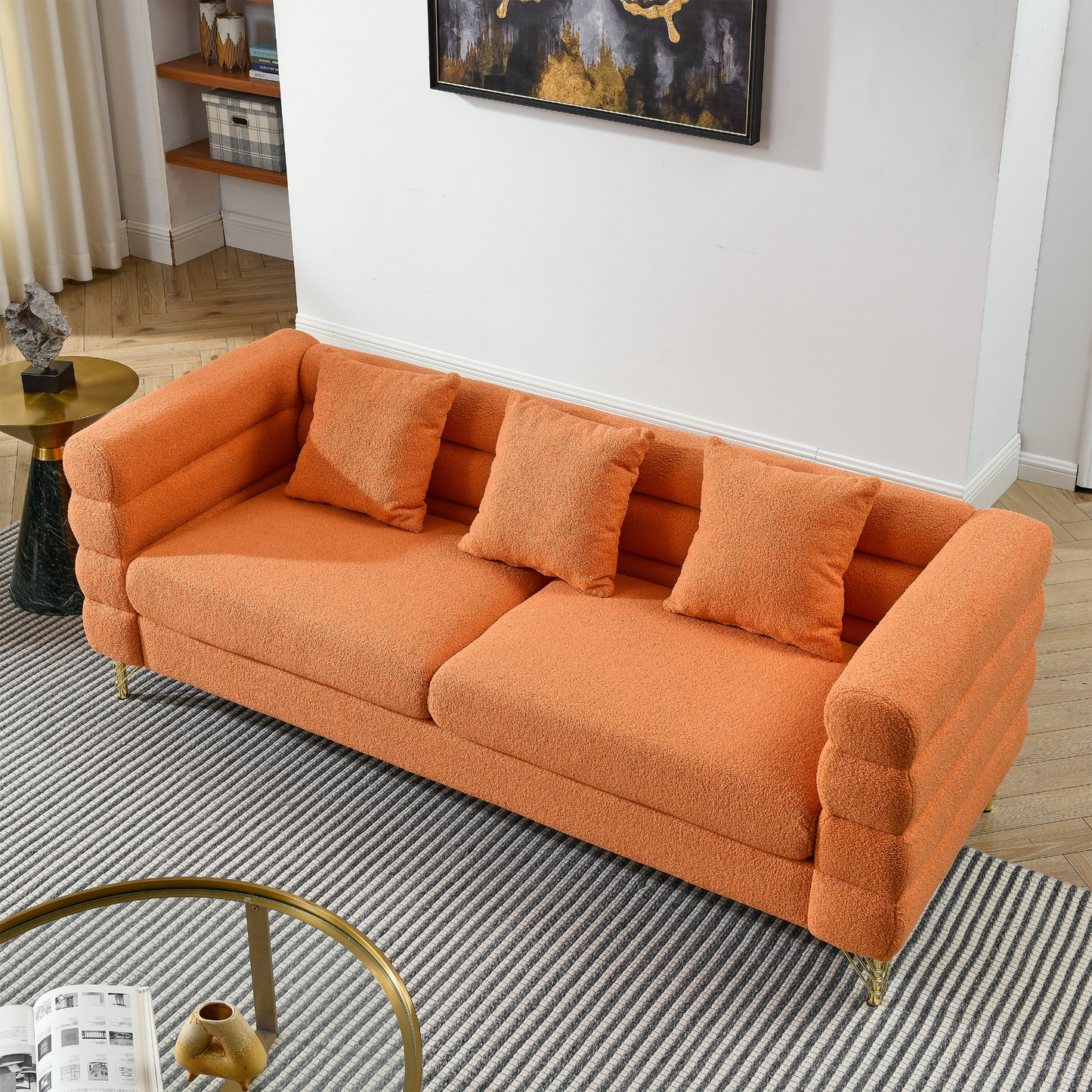 Sofa & Chair sets | 81 Inch Oversized 3 Seater Sectional Sofa, Living Room Comfort Fabric Sectional Sofa-Deep Seating Sectional Sofa, Soft Sitting with 3 Pillows for Living Room,Bedroom,Office.,Orange teddy | casafoyer.myshopify.com