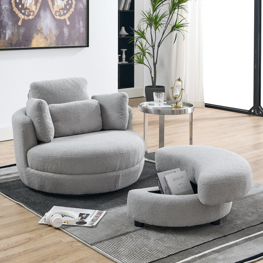 Sofa & Chair sets | Oversized Swivel Chair with moon storage ottoman for Living Room, Modern Accent Round Loveseat Circle Swivel Barrel Chairs for Bedroom Cuddle Sofa Chair Lounger Armchair, 4 Pillows, Teddy Fabric | casafoyer.myshopify.com