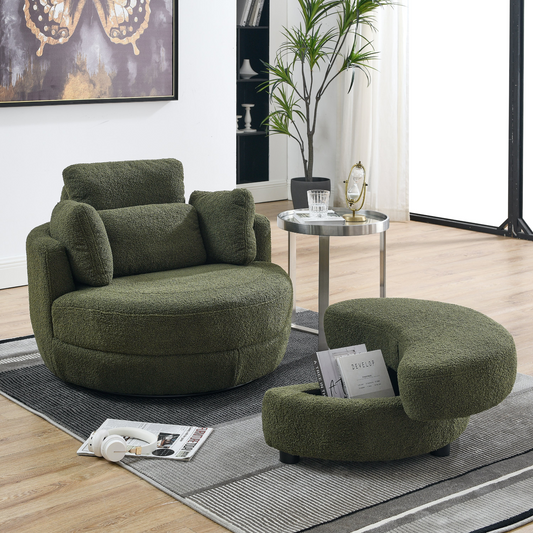 Sofa & Chair sets | Oversized Swivel Chair with moon storage ottoman for Living Room, Modern Accent Round Loveseat Circle Swivel Barrel Chairs for Bedroom Cuddle Sofa Chair Lounger Armchair, 4 Pillows, Teddy Fabric | casafoyer.myshopify.com