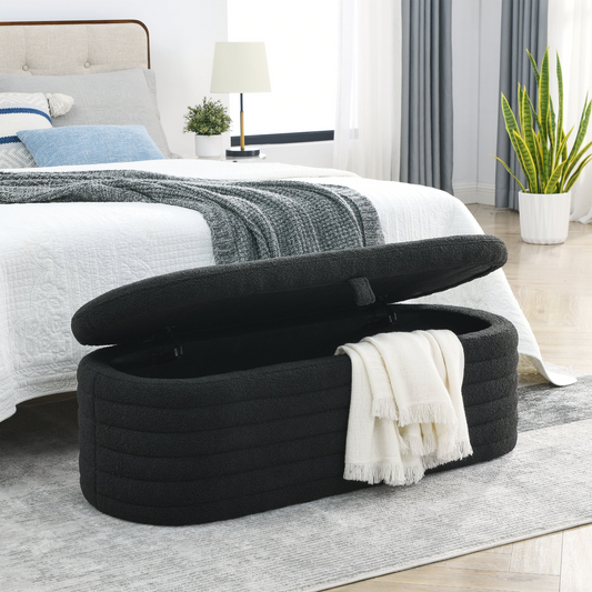 [product_type] | Length 45.5 inches Storage Ottoman Bench Upholstered Fabric Storage Bench End of Bed Stool with Safety Hinge - Black Teddy | casafoyer.myshopify.com