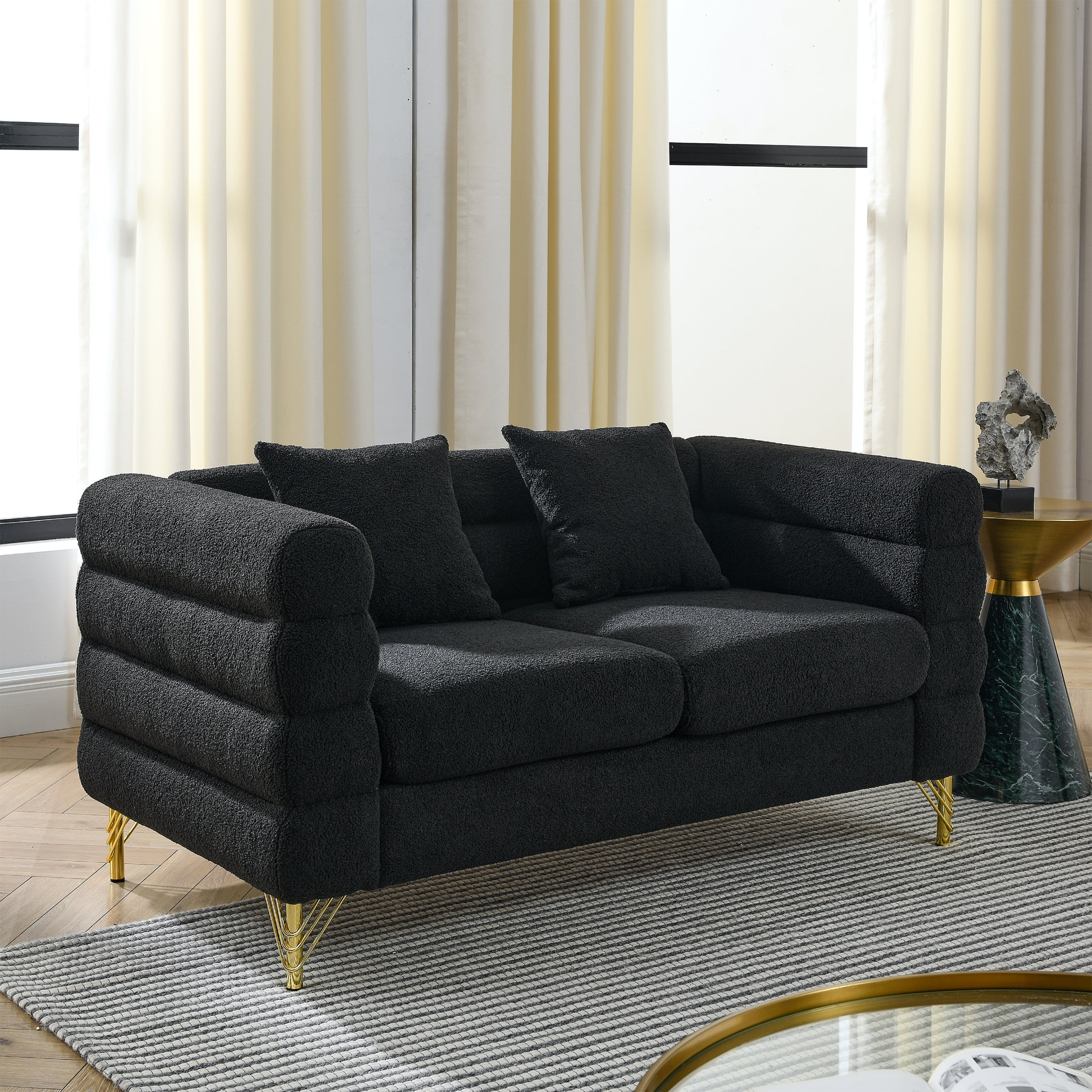 Sofa & Chair sets | 60Inch Oversized 2 Seater Sectional Sofa, Living Room Comfort Fabric Sectional Sofa-Deep Seating Sectional Sofa, Soft Sitting with 2 Pillows for Living Room, Bedroom, Office, Black teddy | casafoyer.myshopify.com