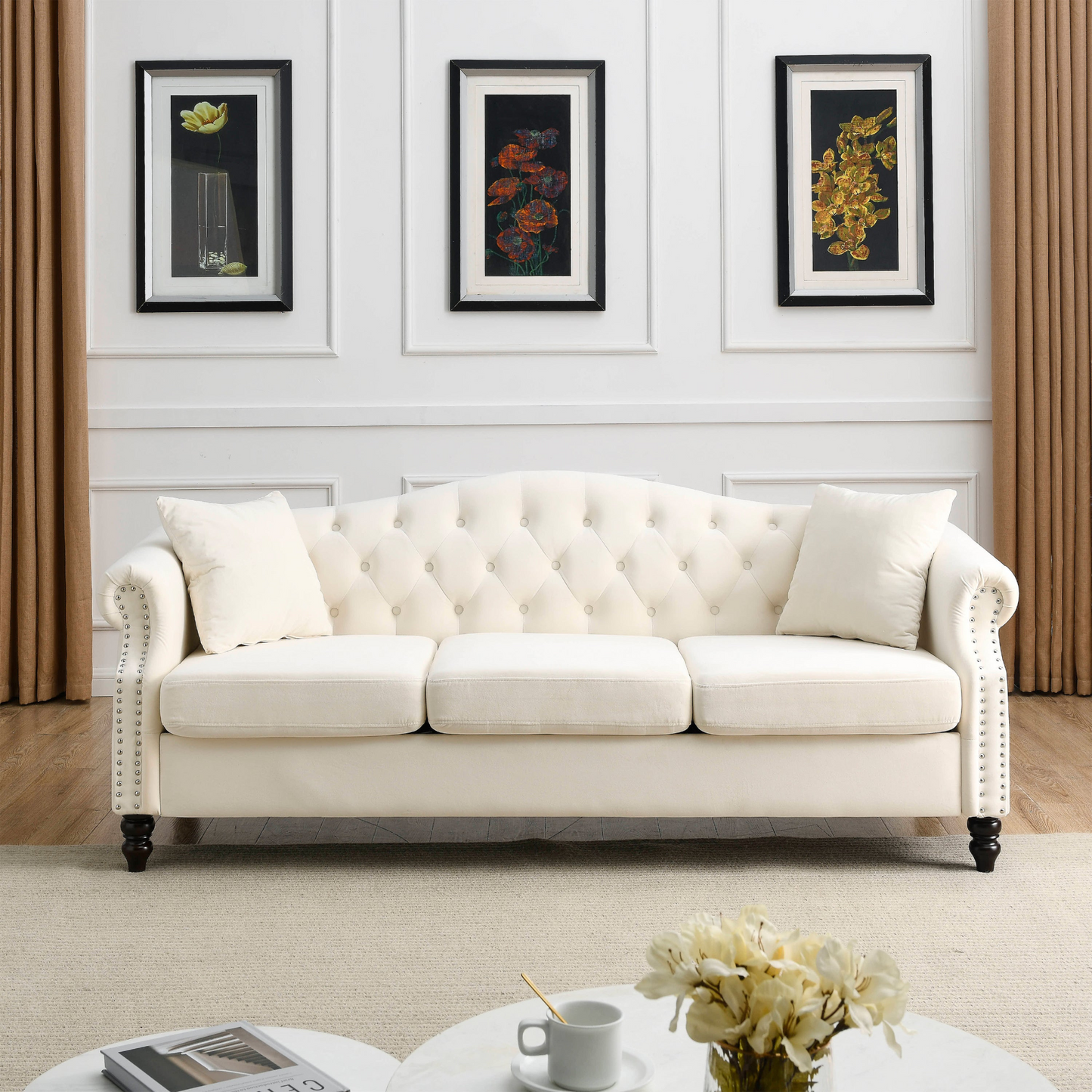 Sofa & Chair sets | Chesterfield Sofa Beige Velvet for Living Room, 3 Seater Sofa Tufted Couch with Rolled Arms and Nailhead for Living Room, Bedroom, Office, Apartment, two pillows | casafoyer.myshopify.com