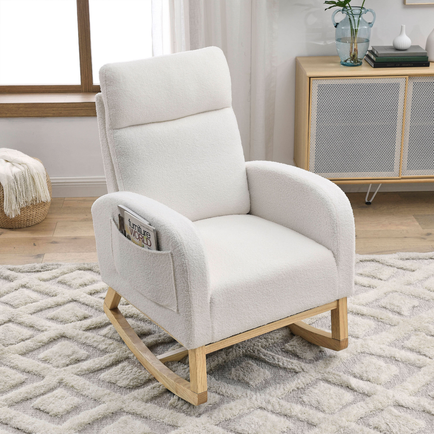 [product_type] | 27.6"W Modern Accent High Backrest Living Room Lounge Arm Rocking Chair, Two Side Pocket, Teddy White (Ivory) | casafoyer.myshopify.com