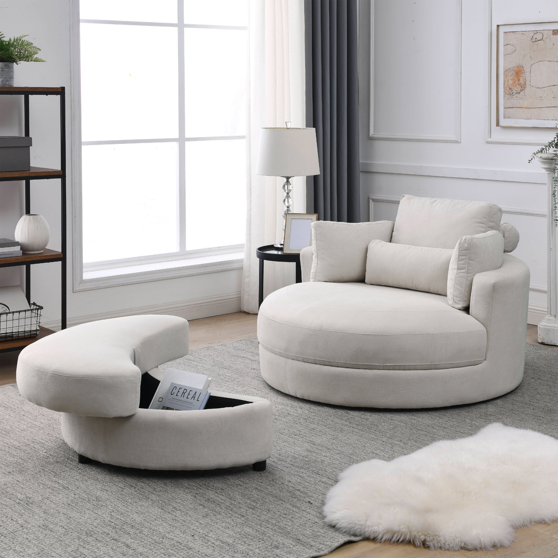 Sofa & Chair sets | Swivel Accent Barrel Modern Sofa Lounge Club Big Round Chair with Storage Ottoman Linen Fabric for Living Room Hotel with Pillows | casafoyer.myshopify.com