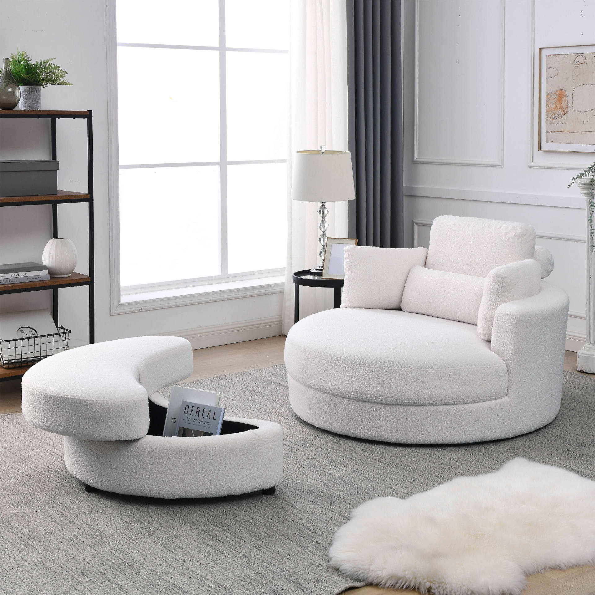 Sofa & Chair sets | Swivel Accent Barrel Modern Sofa Lounge Club Big Round Chair with Storage Ottoman Linen Fabric for Living Room Hotel with Pillows,Teddy White (Ivory) | casafoyer.myshopify.com