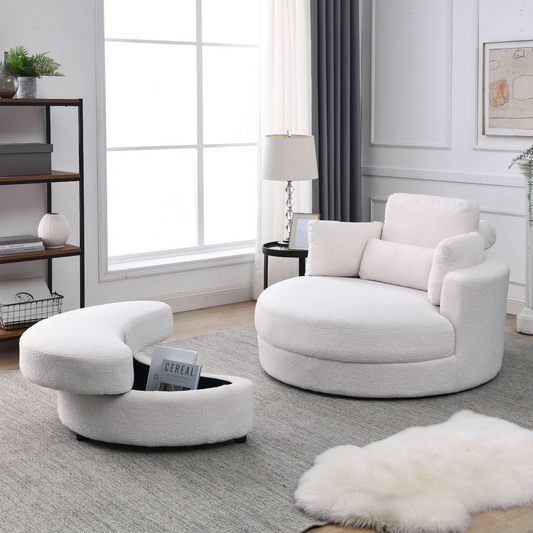 Sofa & Chair sets | Swivel Accent Barrel Modern Sofa Lounge Club Big Round Chair with Storage Ottoman Linen Fabric for Living Room Hotel with Pillows,Teddy White (Ivory) | casafoyer.myshopify.com