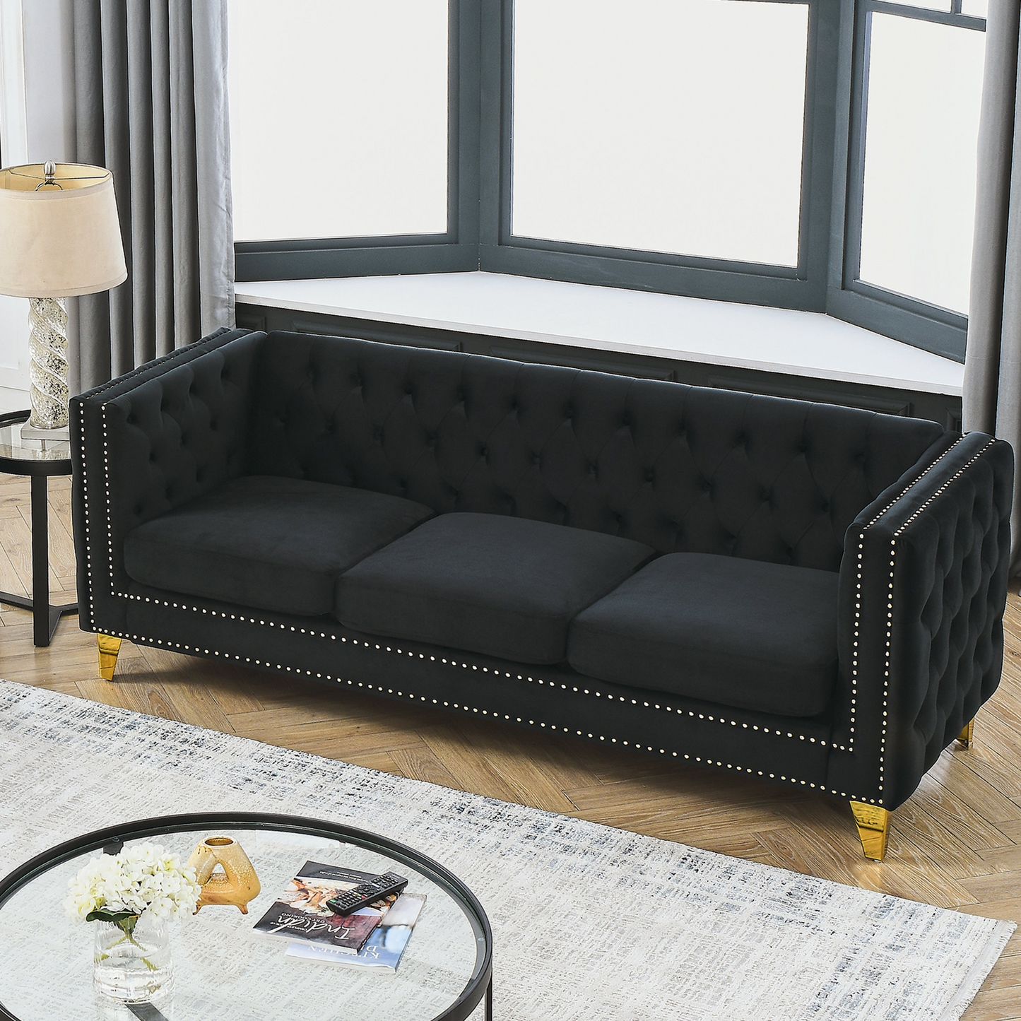 [product_type] | {Contact us for 3D modeling} Velvet Sofa for Living Room,Buttons Tufted Square Arm Couch, Modern Couch Upholstered Button and Metal Legs, Sofa Couch for Bedroom, Black Velvet | casafoyer.myshopify.com