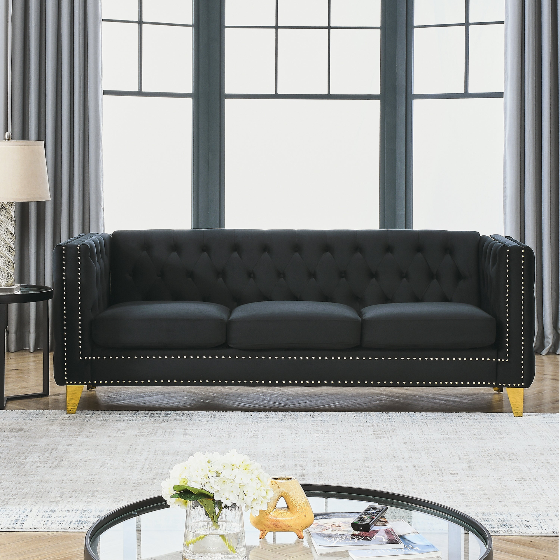 [product_type] | {Contact us for 3D modeling} Velvet Sofa for Living Room,Buttons Tufted Square Arm Couch, Modern Couch Upholstered Button and Metal Legs, Sofa Couch for Bedroom, Black Velvet | casafoyer.myshopify.com