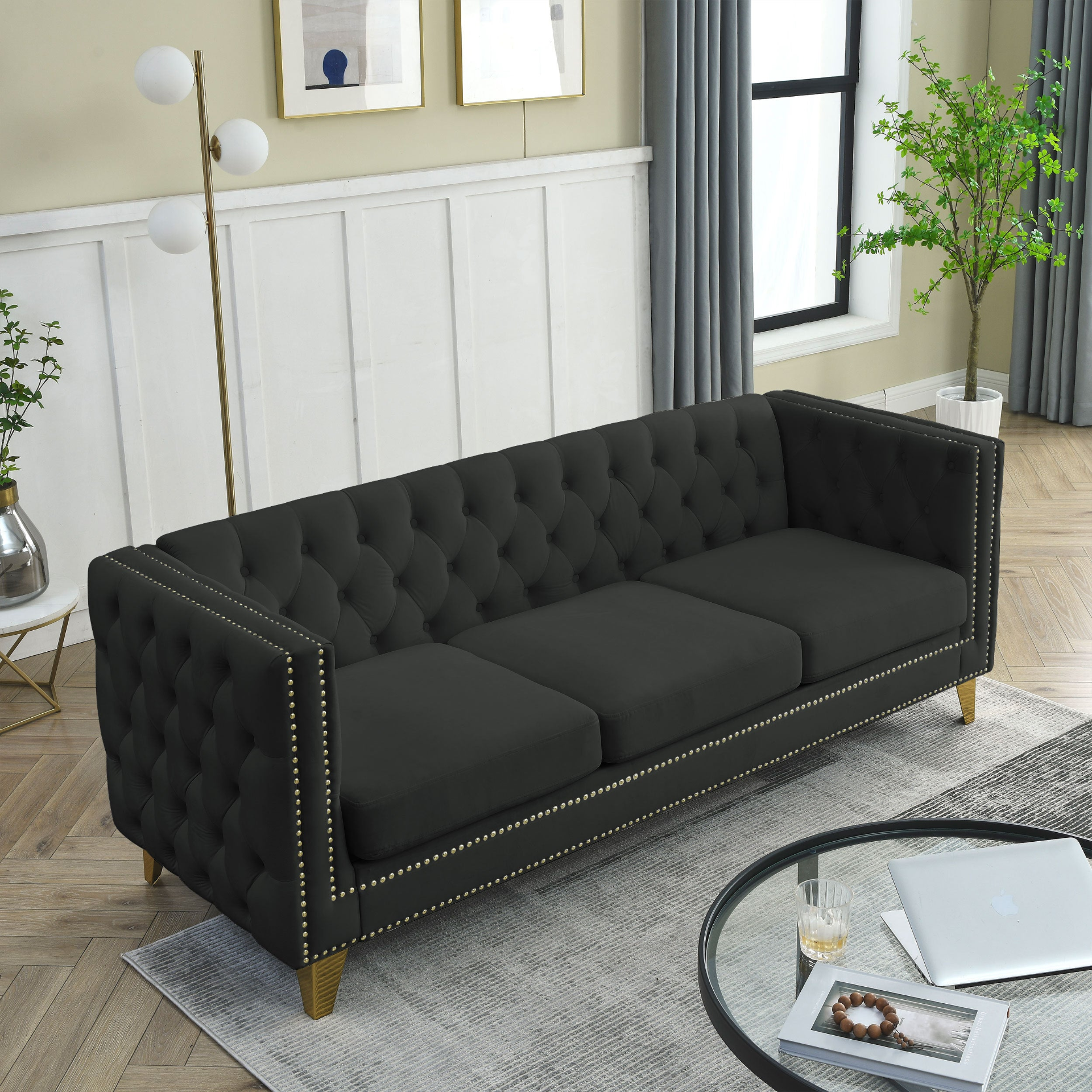 [product_type] | {Contact us for 3D modeling} Velvet Sofa for Living Room,Buttons Tufted Square Arm Couch, Modern Couch Upholstered Button and Metal Legs, Sofa Couch for Bedroom, Black Velvet | casafoyer.myshopify.com