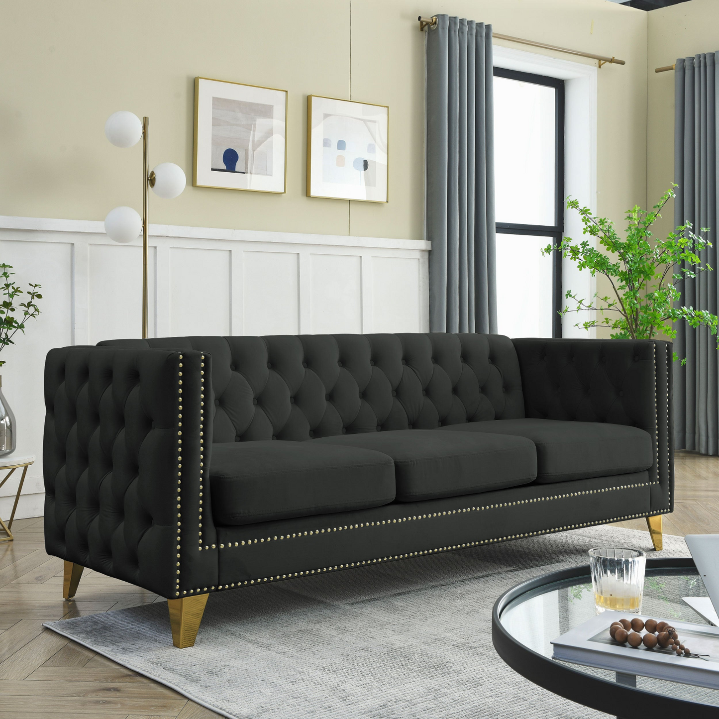 [product_type] | {Contact us for 3D modeling} Velvet Sofa for Living Room,Buttons Tufted Square Arm Couch, Modern Couch Upholstered Button and Metal Legs, Sofa Couch for Bedroom, Black Velvet | casafoyer.myshopify.com