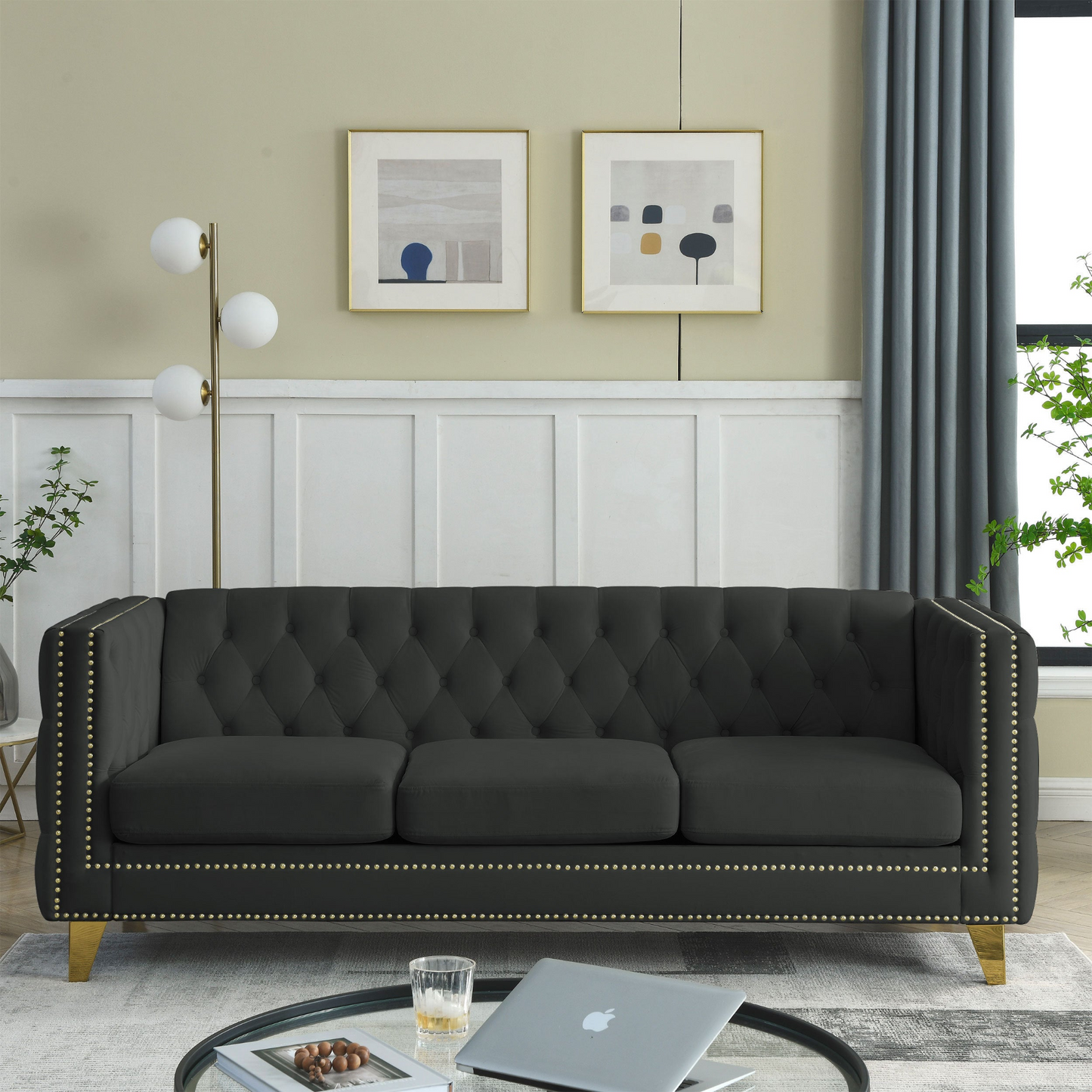 [product_type] | {Contact us for 3D modeling} Velvet Sofa for Living Room,Buttons Tufted Square Arm Couch, Modern Couch Upholstered Button and Metal Legs, Sofa Couch for Bedroom, Black Velvet | casafoyer.myshopify.com