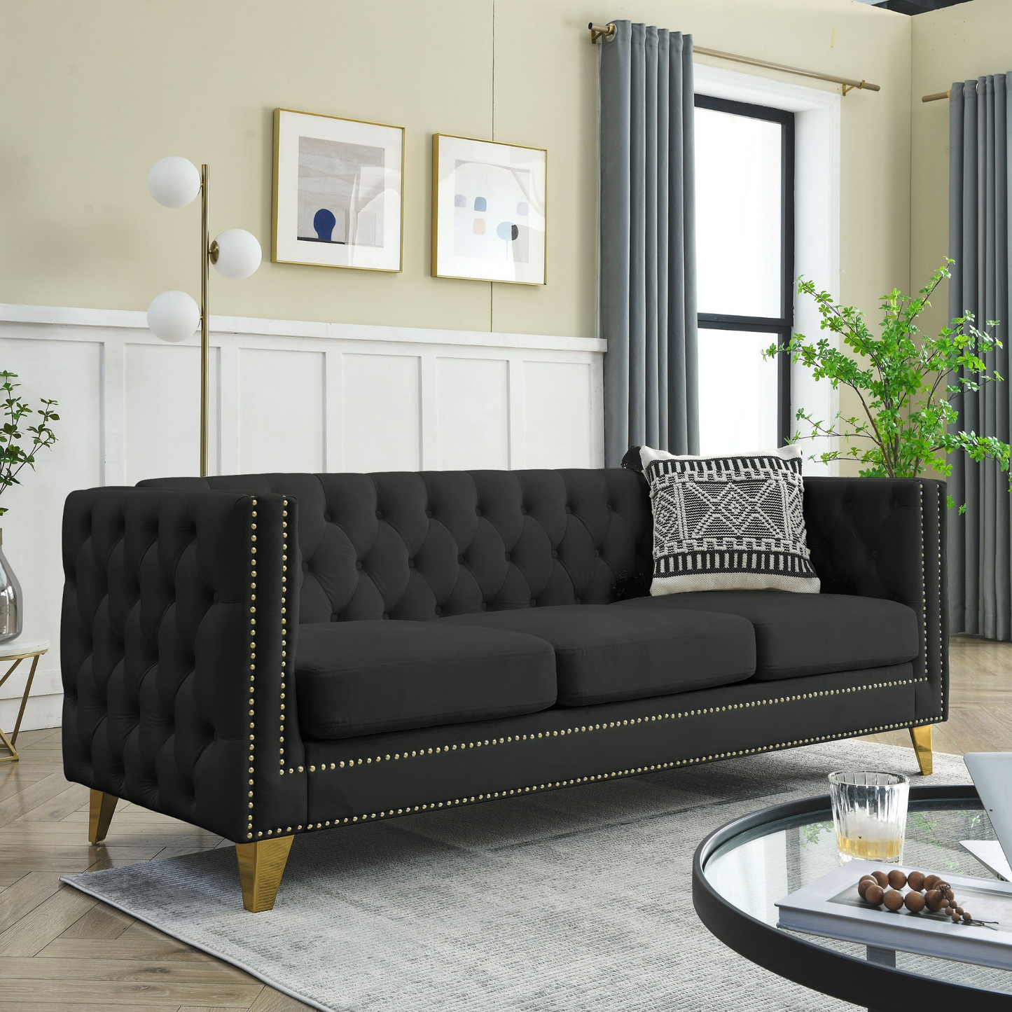 [product_type] | {Contact us for 3D modeling} Velvet Sofa for Living Room,Buttons Tufted Square Arm Couch, Modern Couch Upholstered Button and Metal Legs, Sofa Couch for Bedroom, Black Velvet | casafoyer.myshopify.com