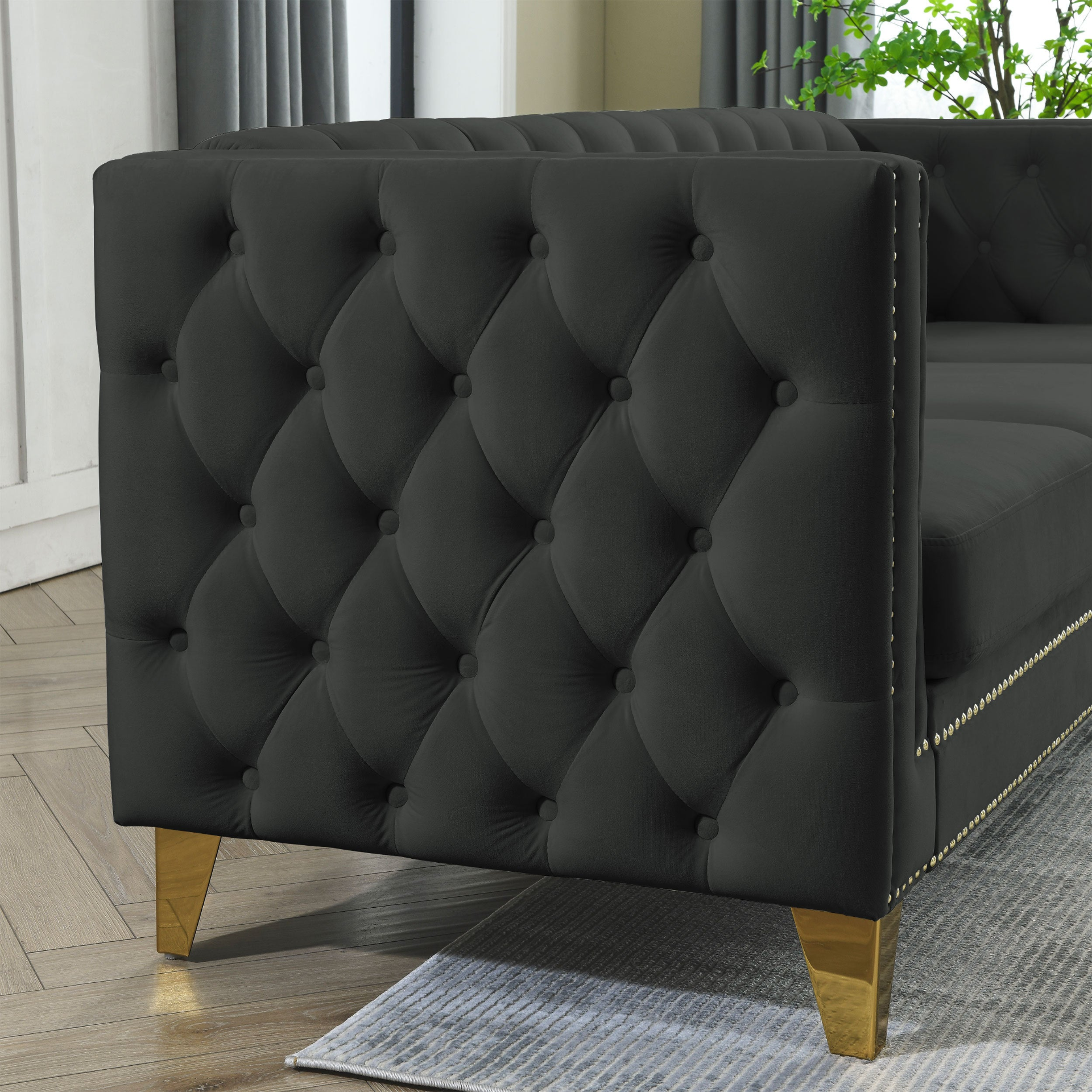 [product_type] | {Contact us for 3D modeling} Velvet Sofa for Living Room,Buttons Tufted Square Arm Couch, Modern Couch Upholstered Button and Metal Legs, Sofa Couch for Bedroom, Black Velvet | casafoyer.myshopify.com