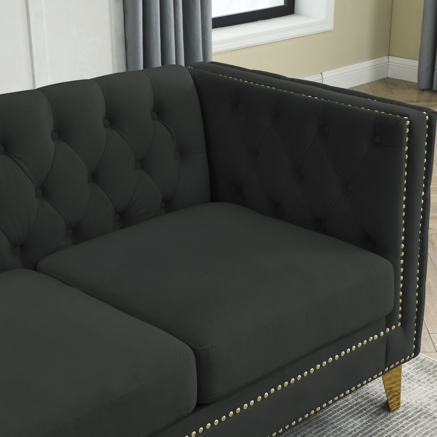 [product_type] | {Contact us for 3D modeling} Velvet Sofa for Living Room,Buttons Tufted Square Arm Couch, Modern Couch Upholstered Button and Metal Legs, Sofa Couch for Bedroom, Black Velvet | casafoyer.myshopify.com