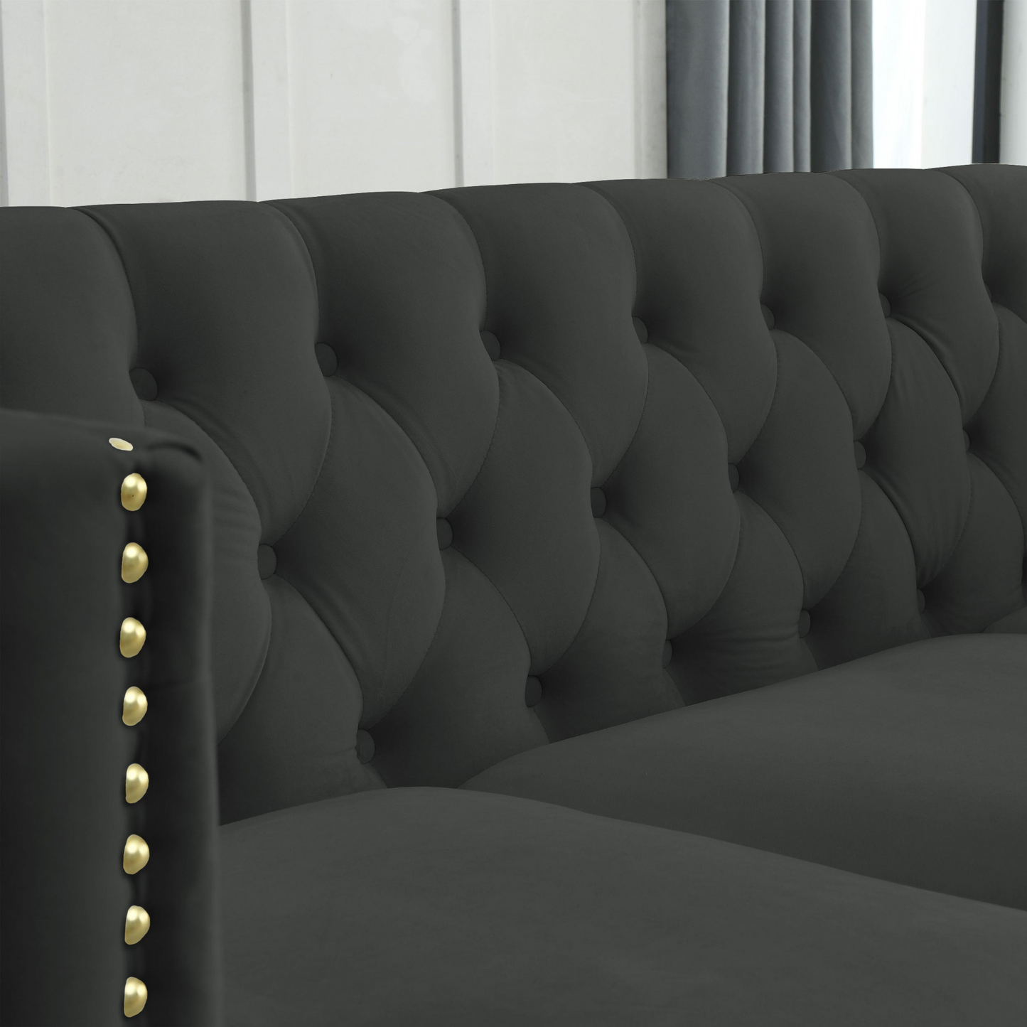 [product_type] | {Contact us for 3D modeling} Velvet Sofa for Living Room,Buttons Tufted Square Arm Couch, Modern Couch Upholstered Button and Metal Legs, Sofa Couch for Bedroom, Black Velvet | casafoyer.myshopify.com