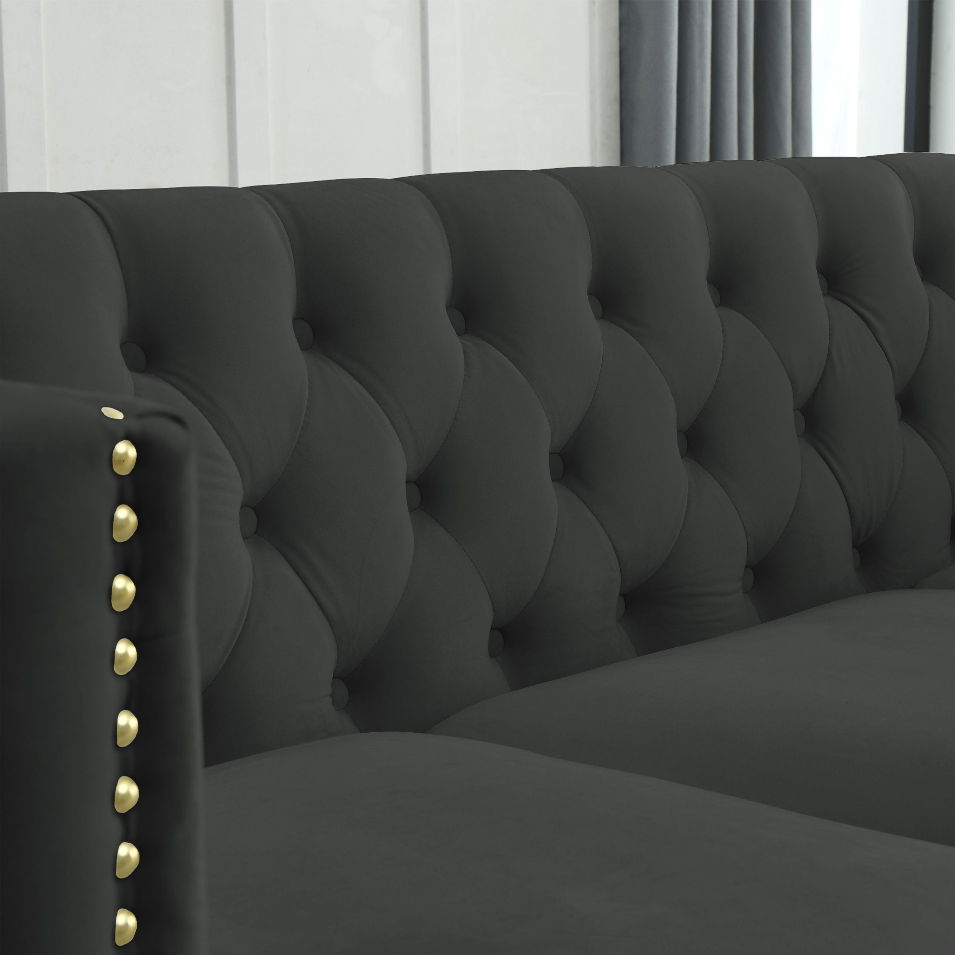 [product_type] | {Contact us for 3D modeling} Velvet Sofa for Living Room,Buttons Tufted Square Arm Couch, Modern Couch Upholstered Button and Metal Legs, Sofa Couch for Bedroom, Black Velvet | casafoyer.myshopify.com