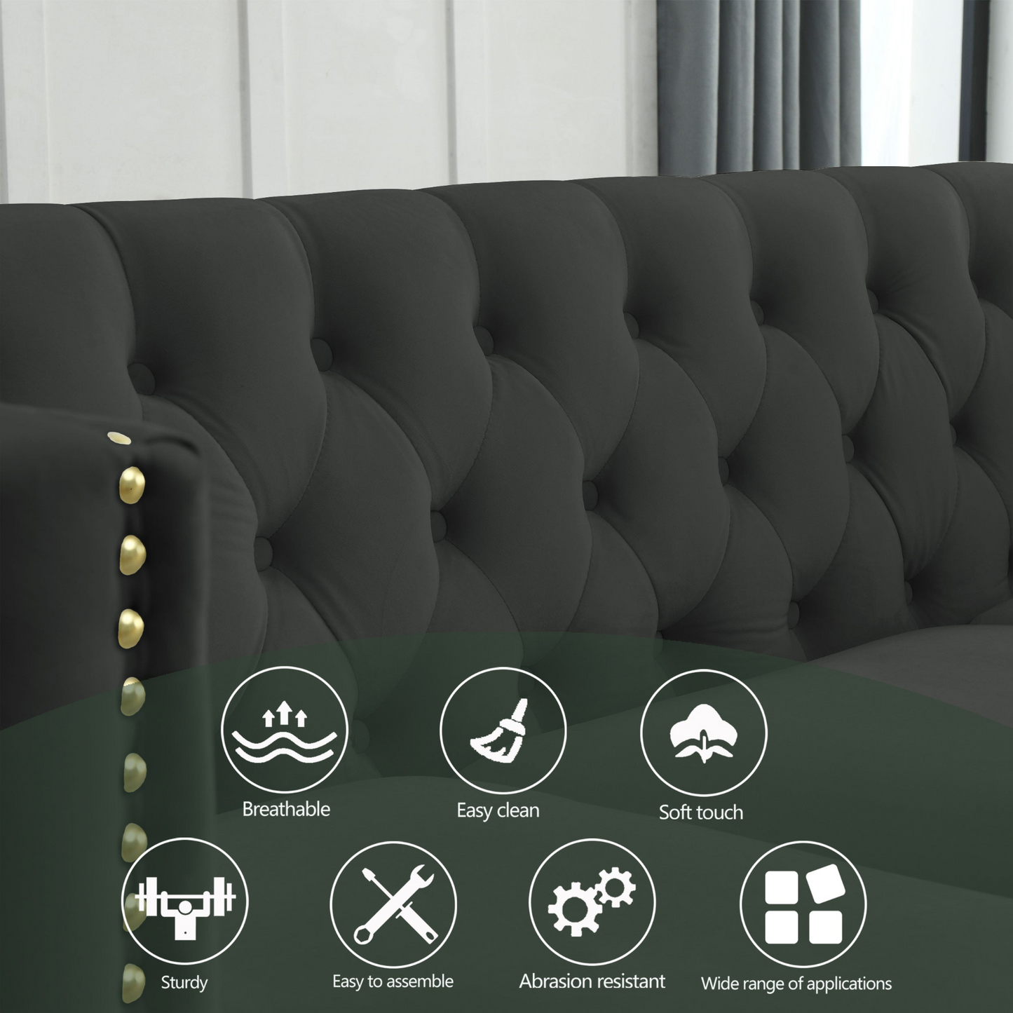 [product_type] | {Contact us for 3D modeling} Velvet Sofa for Living Room,Buttons Tufted Square Arm Couch, Modern Couch Upholstered Button and Metal Legs, Sofa Couch for Bedroom, Black Velvet | casafoyer.myshopify.com